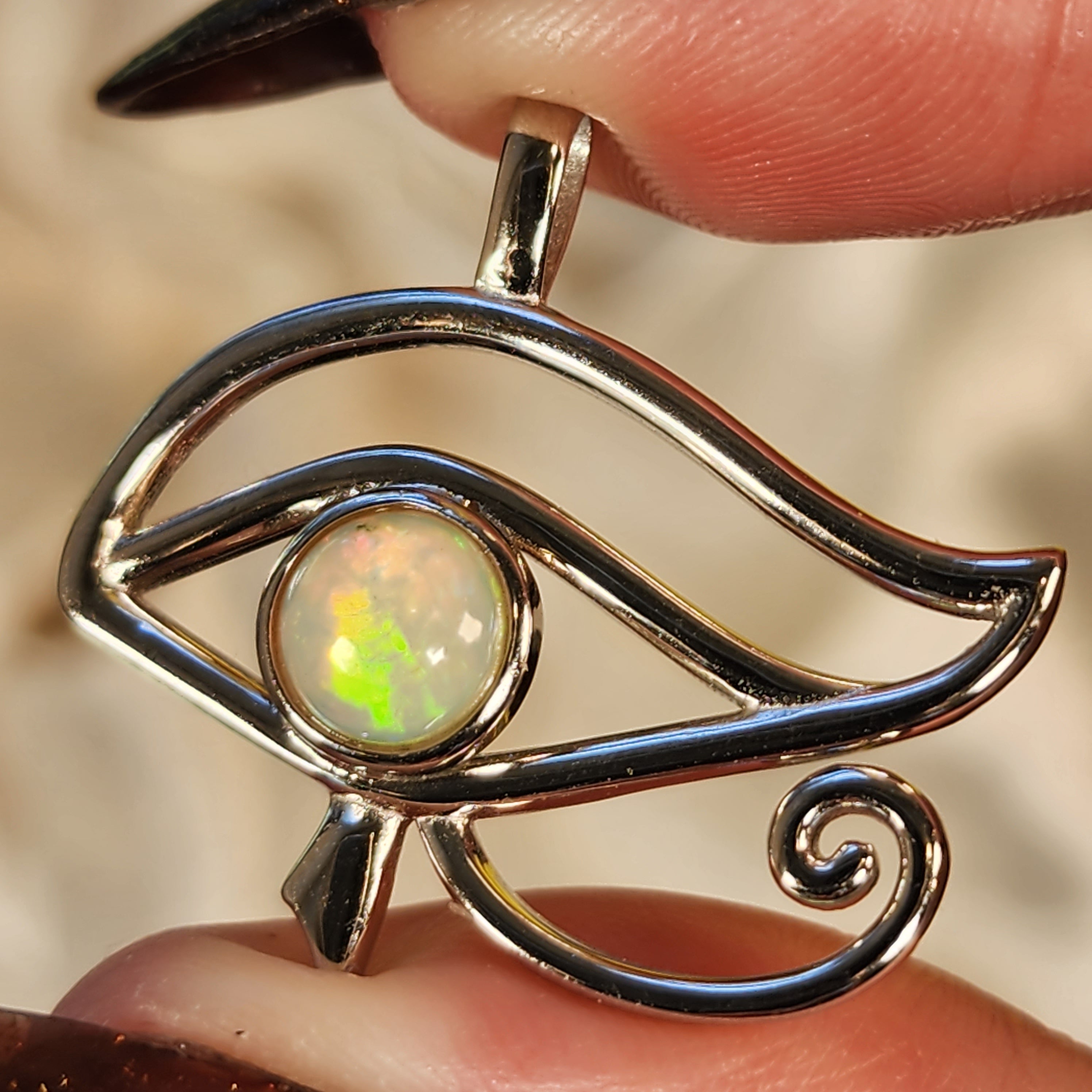 Ethiopian Opal Eye of Horus Amulet Pendant .925 Silver for Joy, Protection and Transformation