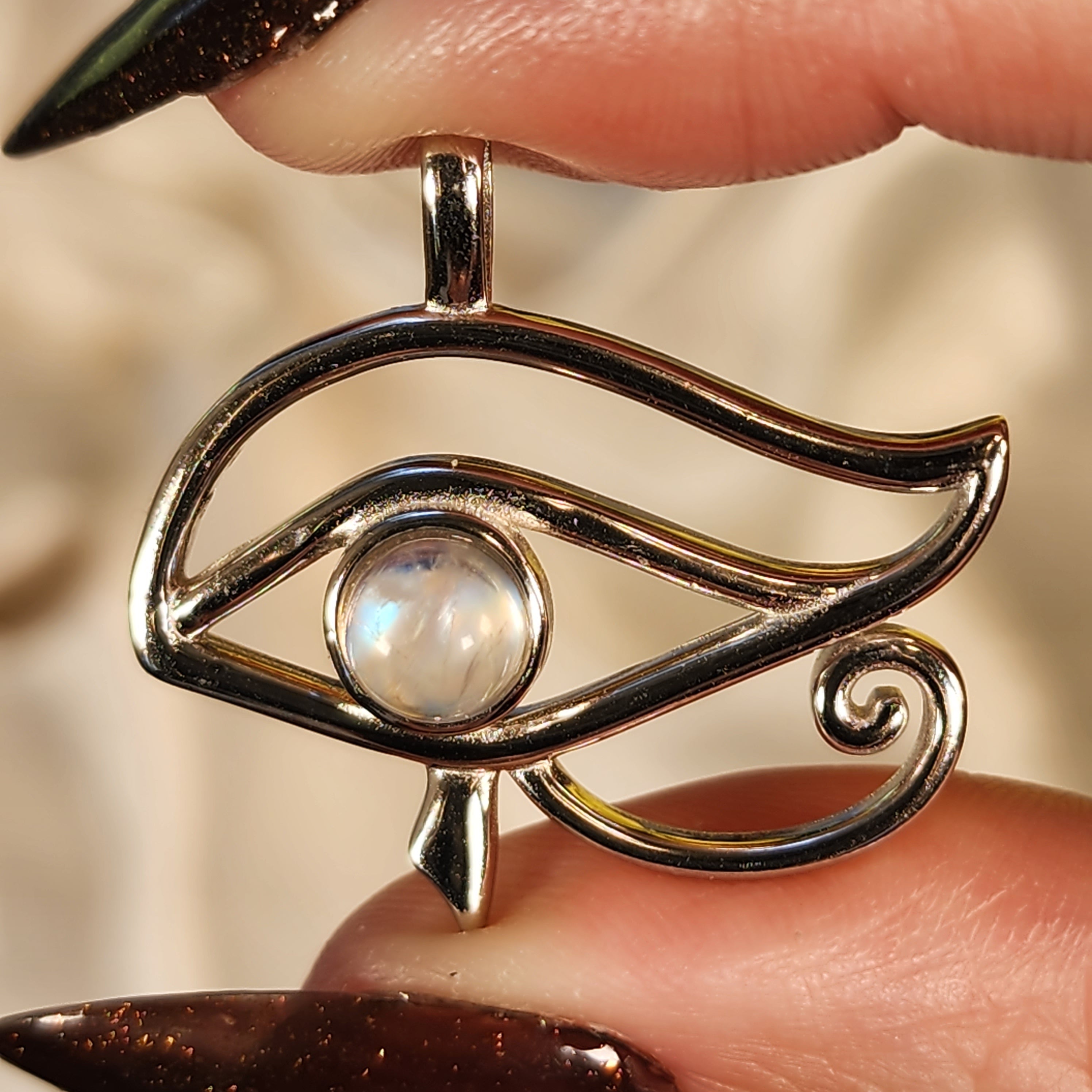 Rainbow Moonstone Eye of Horus Amulet Pendant .925 Silver for New Beginnings, Luck and Health