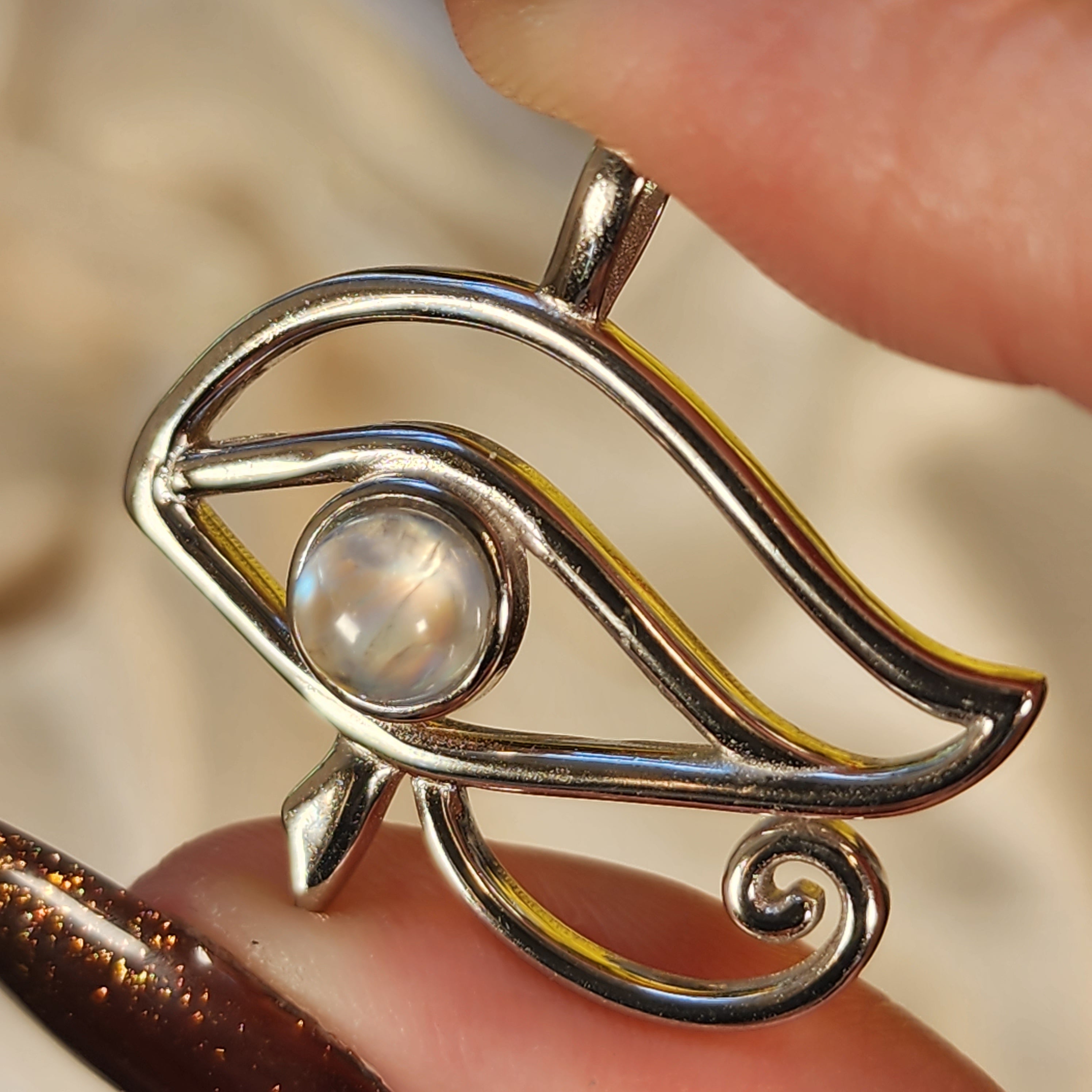 Rainbow Moonstone Eye of Horus Amulet Pendant .925 Silver for New Beginnings, Luck and Health