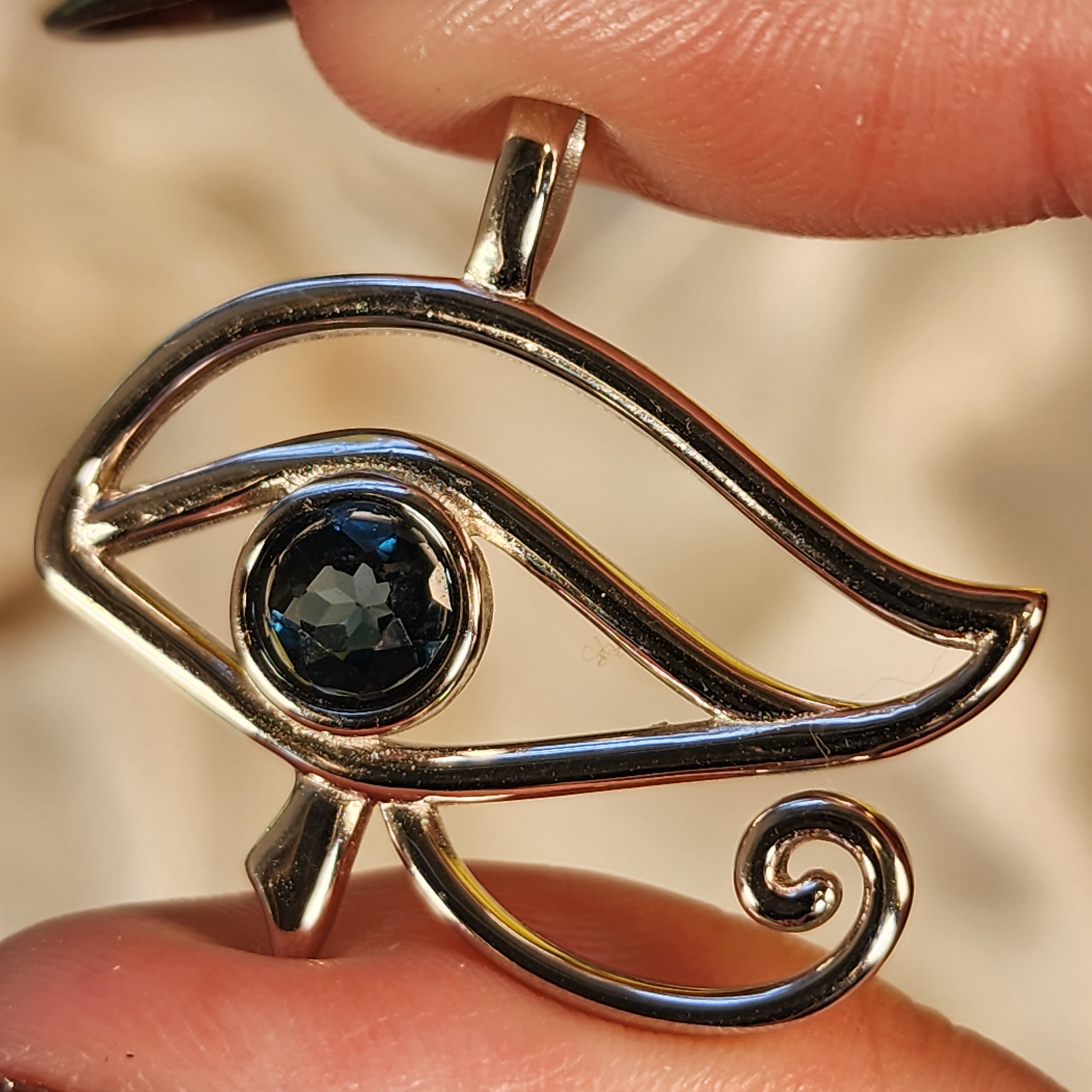 London Blue Topaz Eye of Horus Amulet Pendant .925 Silver for Esoteric Wisdom, Communication with Spirit Guides and Peace