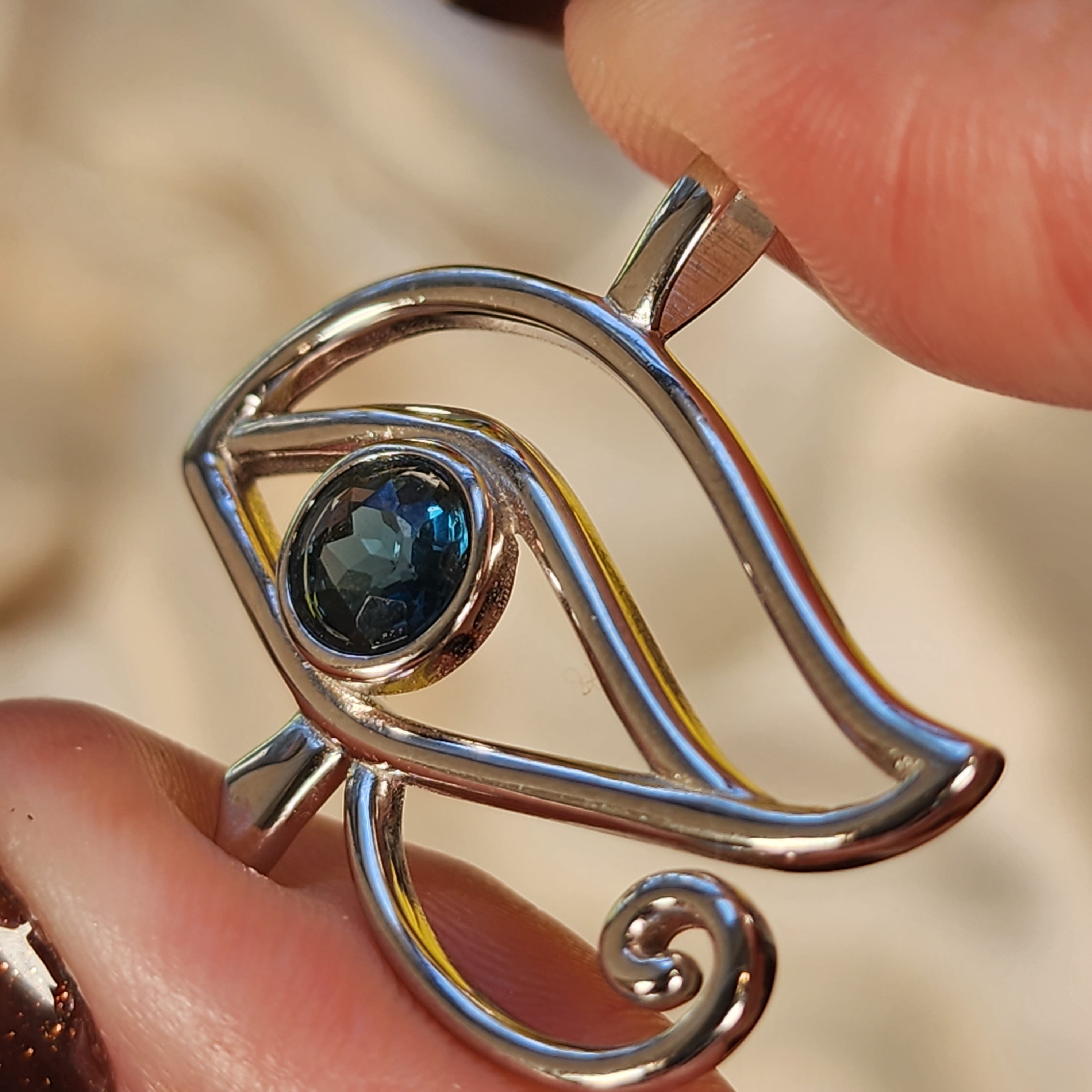 London Blue Topaz Eye of Horus Amulet Pendant .925 Silver for Esoteric Wisdom, Communication with Spirit Guides and Peace
