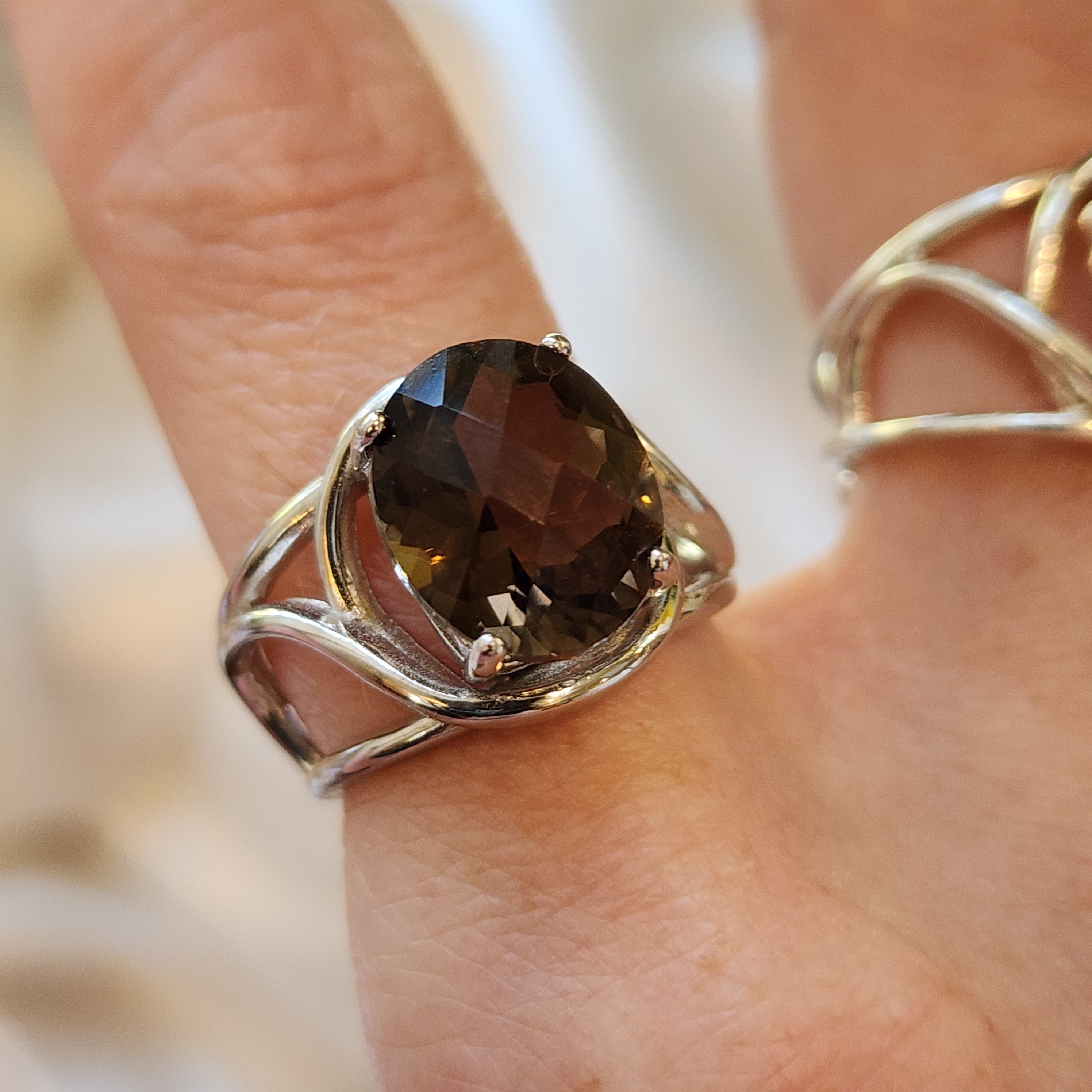 Smoky Quartz Finger Cuff Adjustable Ring .925 Silver for Energetic Cleansing, Manifestation and Protection