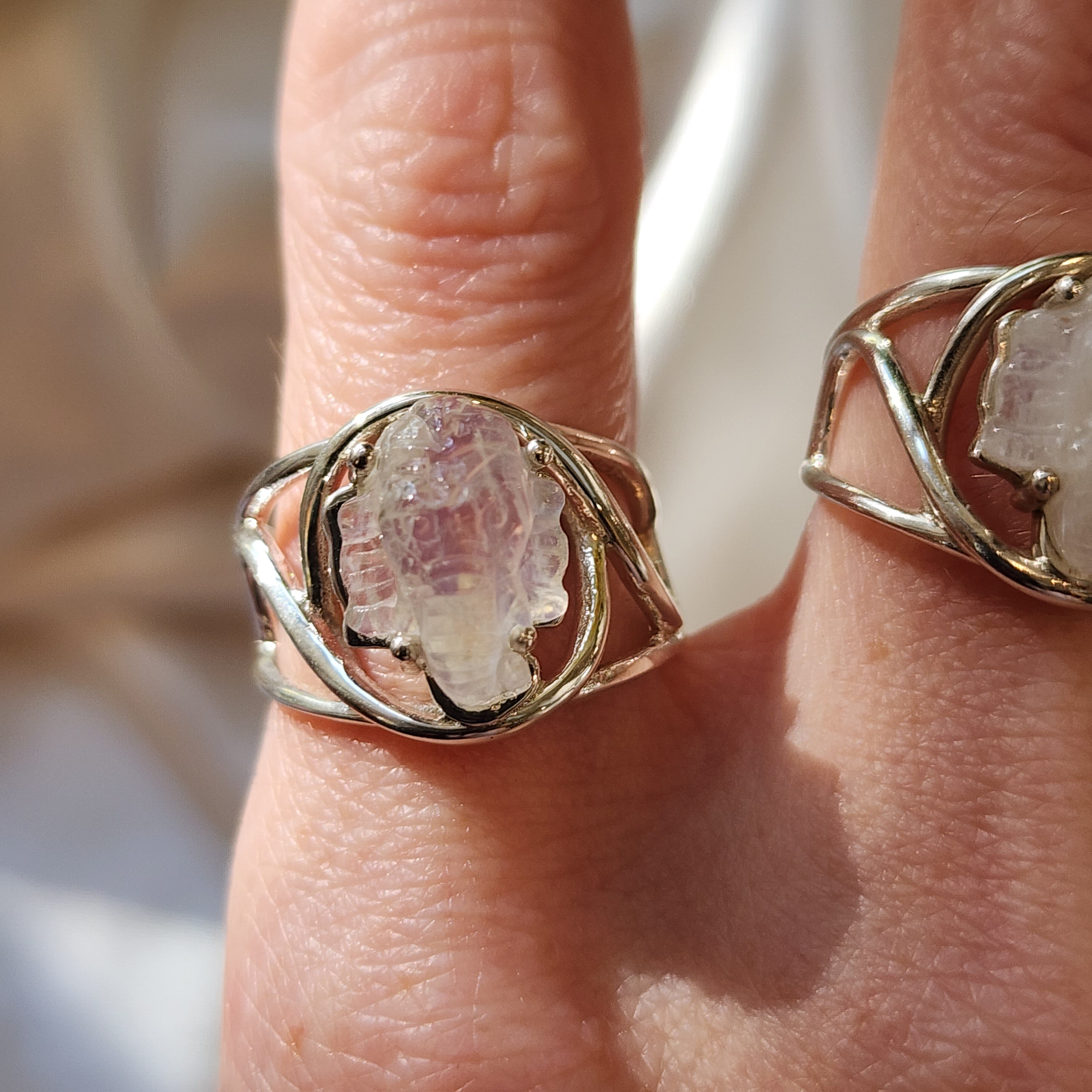 Rainbow Moonstone Ganesha Finger Cuff Adjustable Ring .925 Sterling Silver for New Beginnings & Clearing Blockages