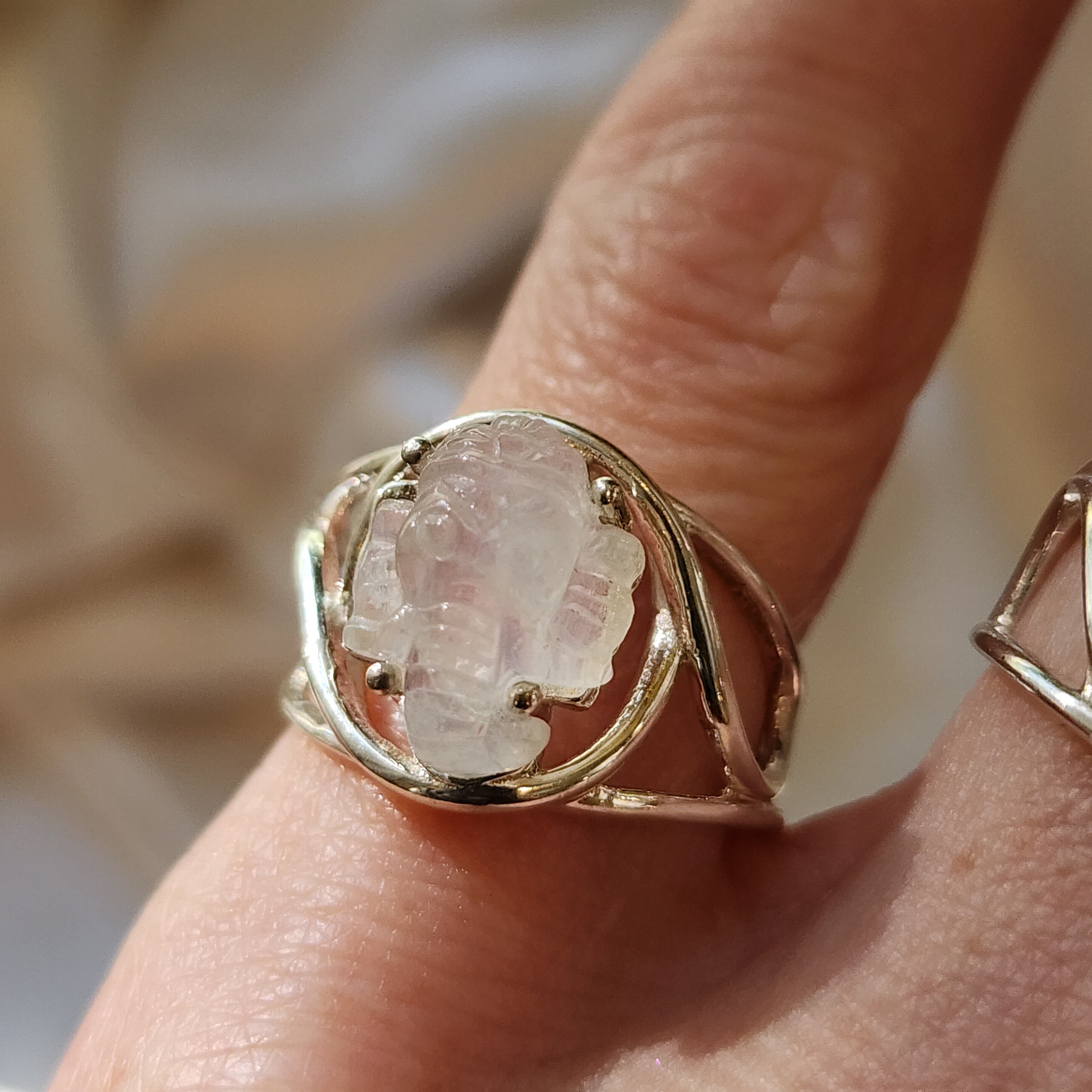 Rainbow Moonstone Ganesha Finger Cuff Adjustable Ring .925 Sterling Silver for New Beginnings & Clearing Blockages