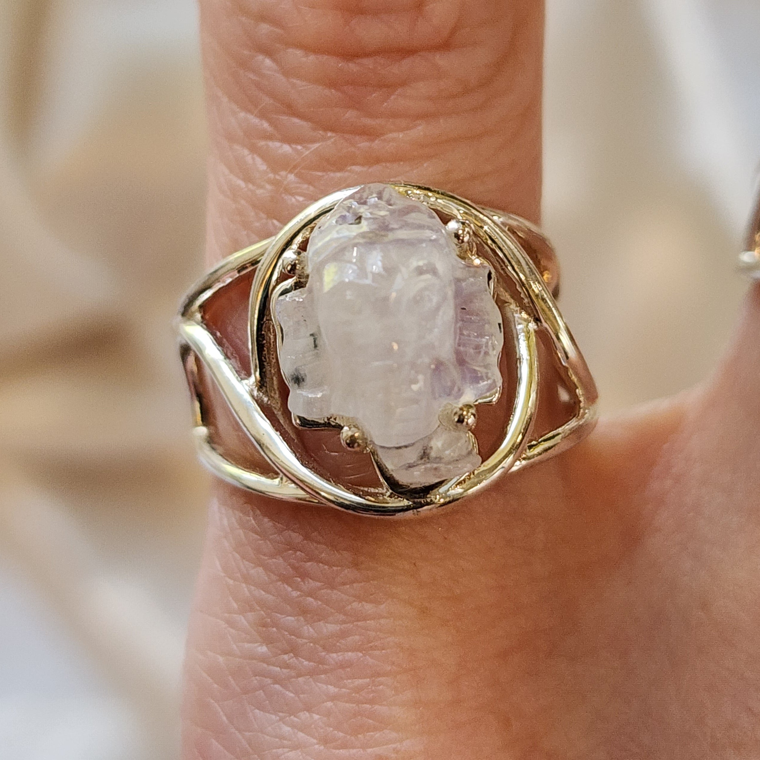 Rainbow Moonstone Ganesha Cuff Ring .925 Sterling Silver for New Beginnings & Clearing Blockages