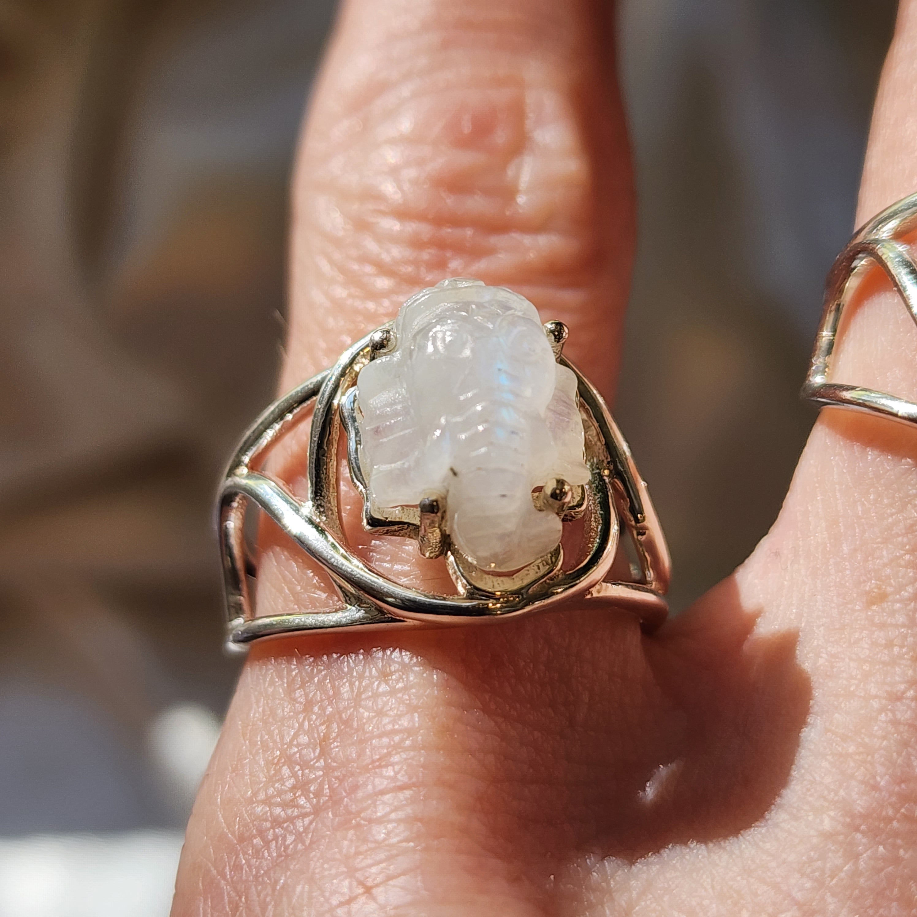 Rainbow Moonstone Ganesha Finger Cuff Adjustable Ring .925 Sterling Silver for New Beginnings & Clearing Blockages