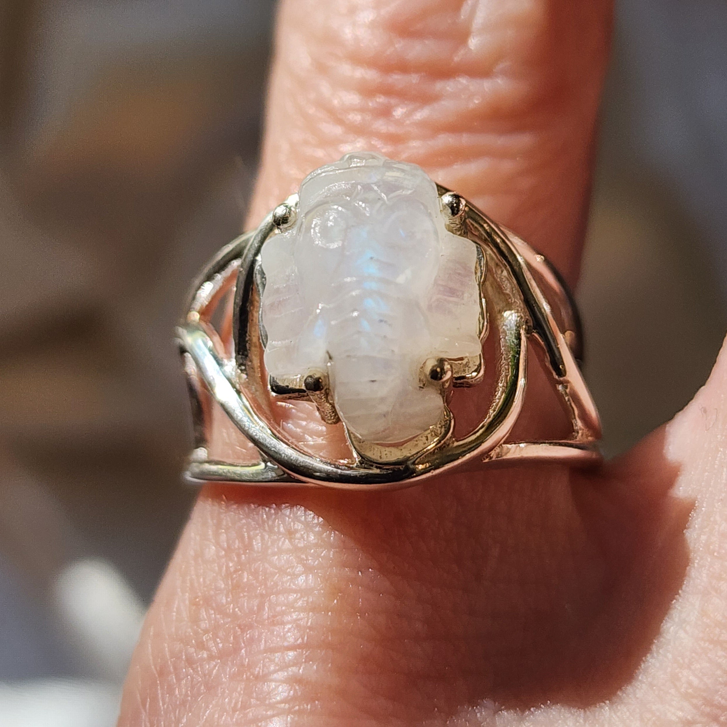 Rainbow Moonstone Ganesha Cuff Ring .925 Sterling Silver for New Beginnings & Clearing Blockages