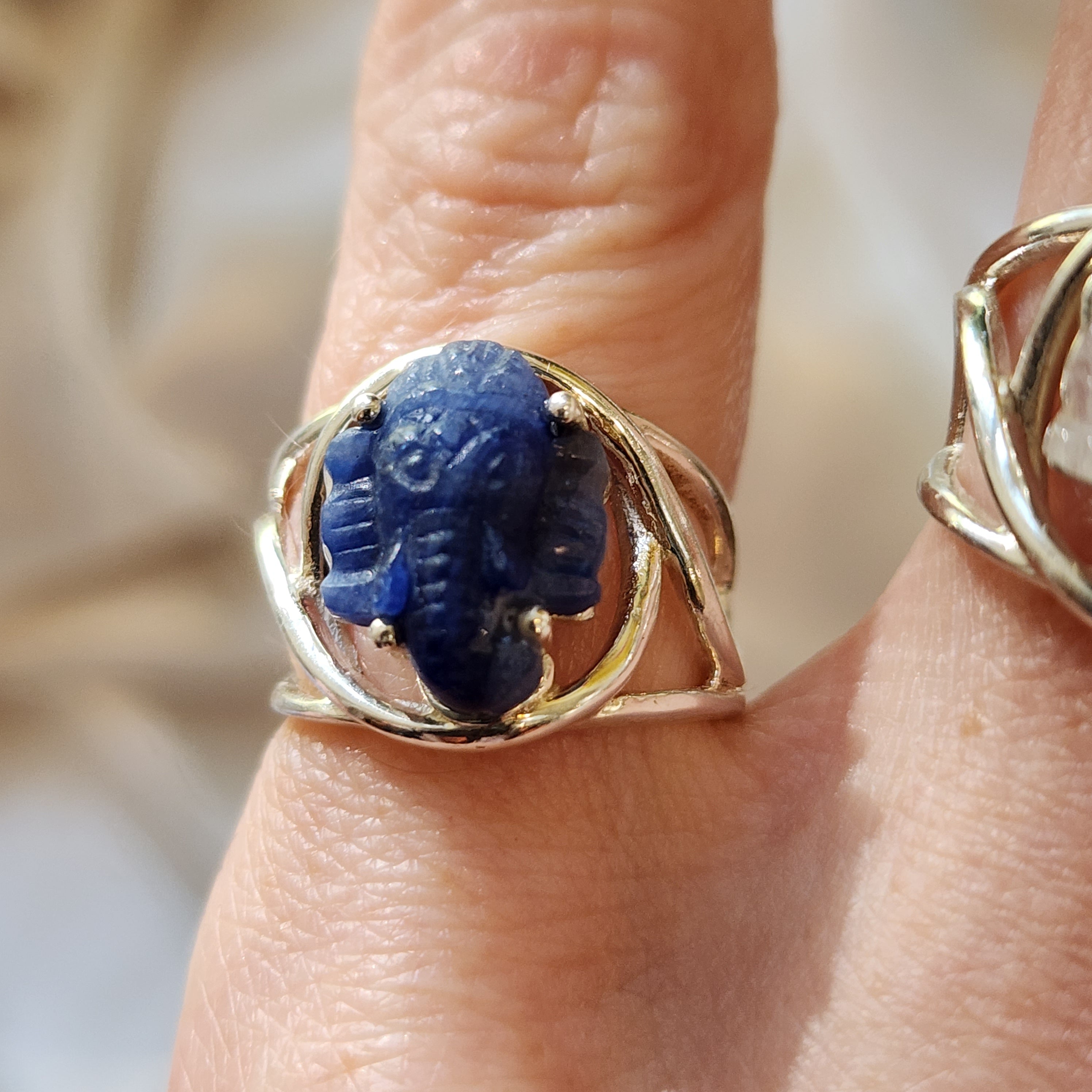 Blue Sapphire Ganesha Cuff Ring .925 Sterling Silver for Insight, Wisdom & Clearing Blockages