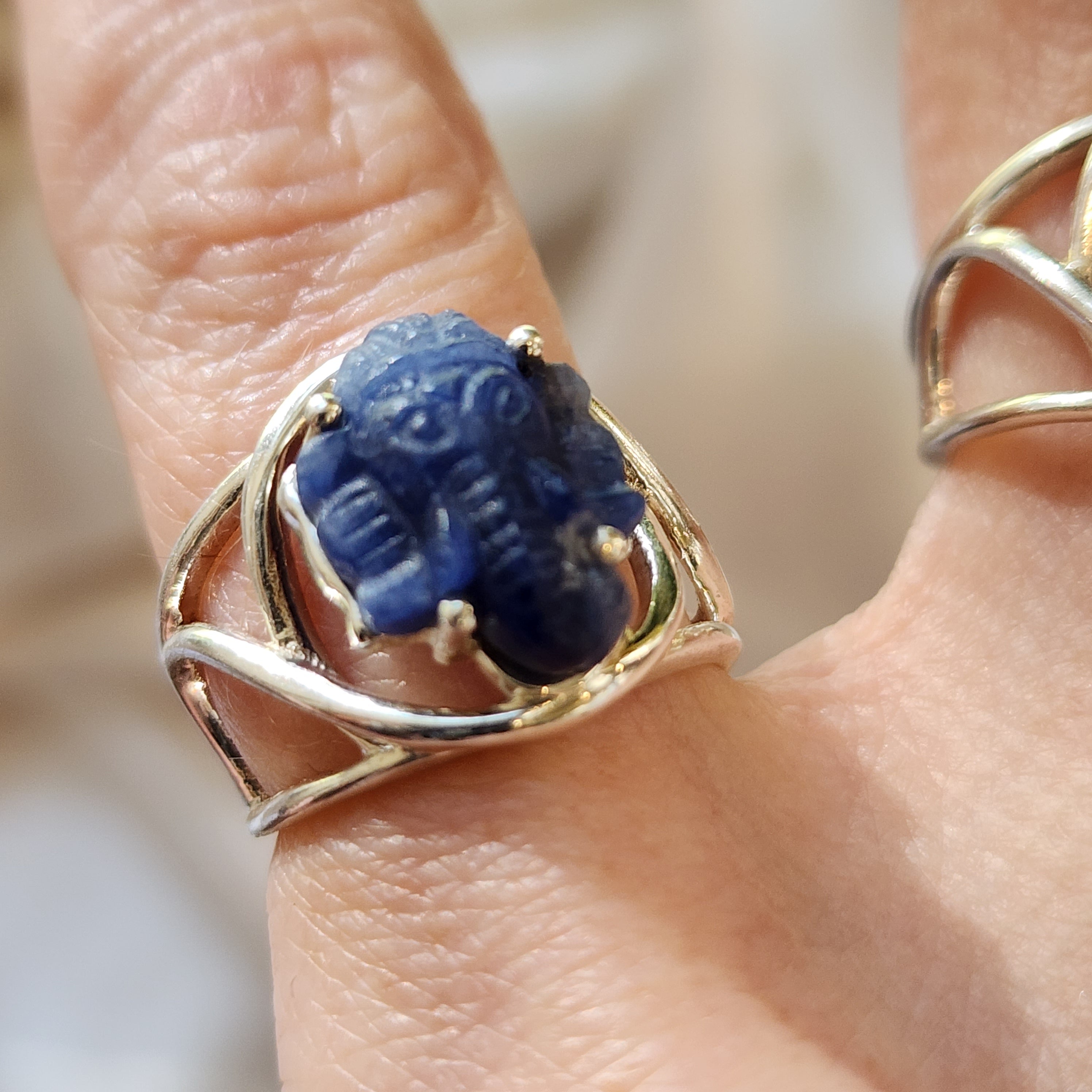 Blue Sapphire Ganesha Finger Cuff Adjustable Ring .925 Sterling Silver for Insight, Wisdom & Clearing Blockages
