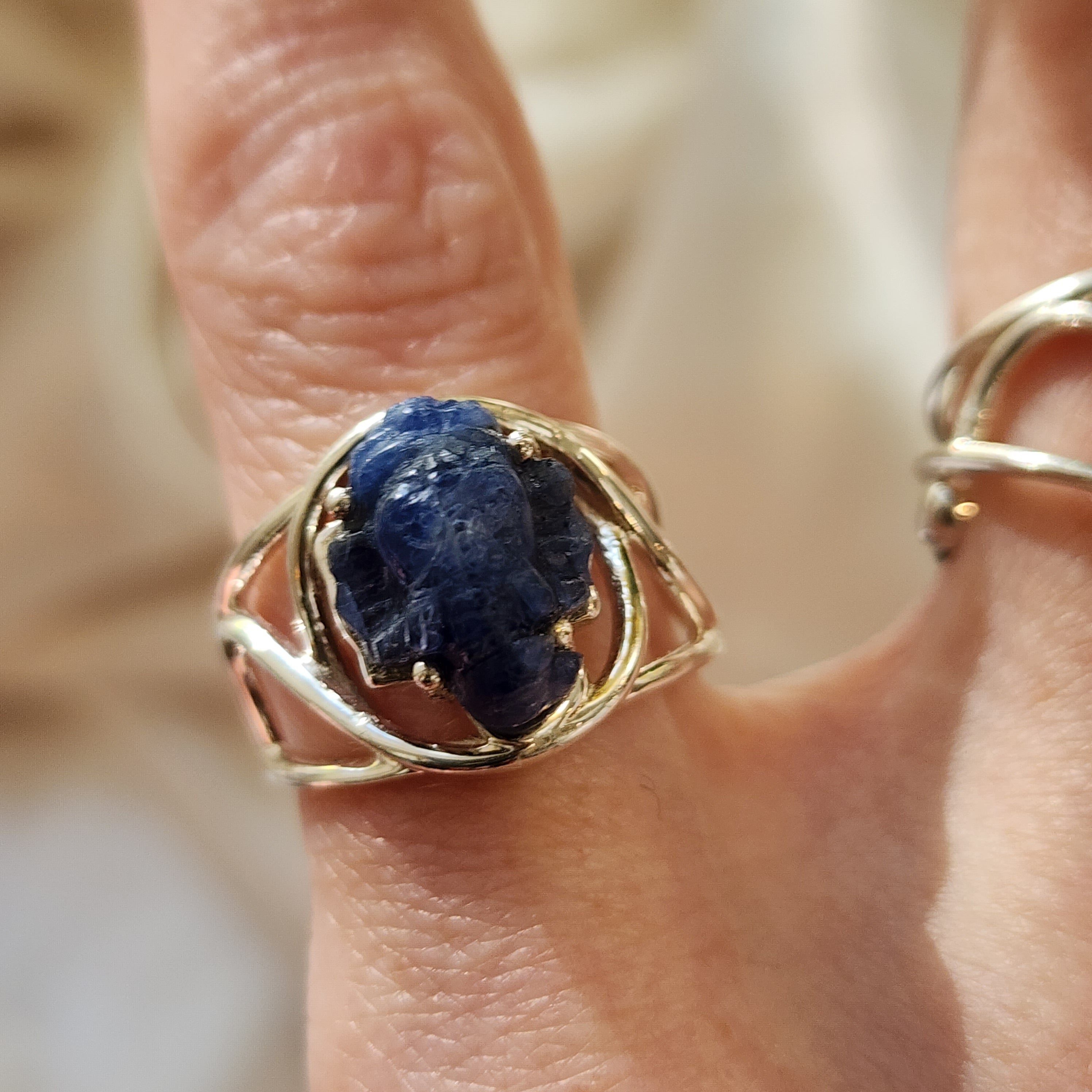 Blue Sapphire Ganesha Finger Cuff Adjustable Ring .925 Sterling Silver for Insight, Wisdom & Clearing Blockages