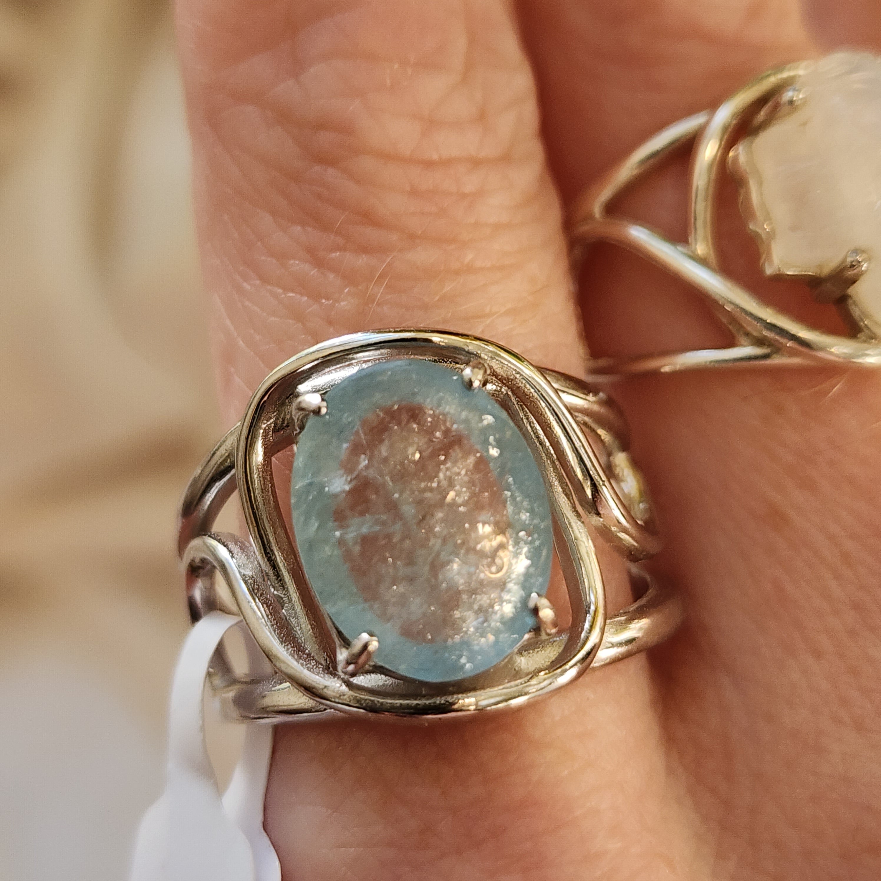 Flashy Aquamarine Finger Cuff Adjustable Ring .925 Sterling Silver for Improving Communication and Healing