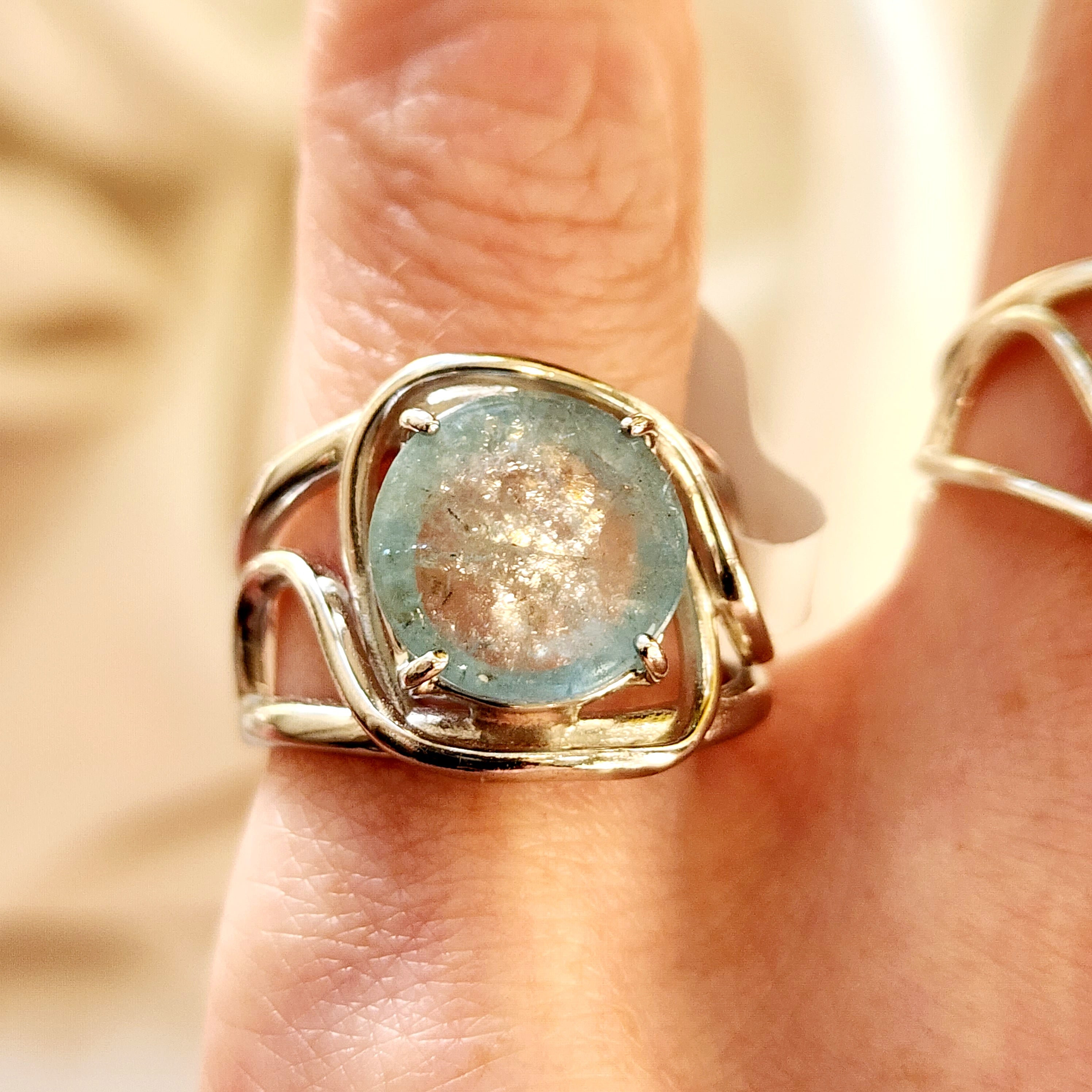 Flashy Aquamarine Finger Cuff Adjustable Ring .925 Sterling Silver for Improving Communication and Healing