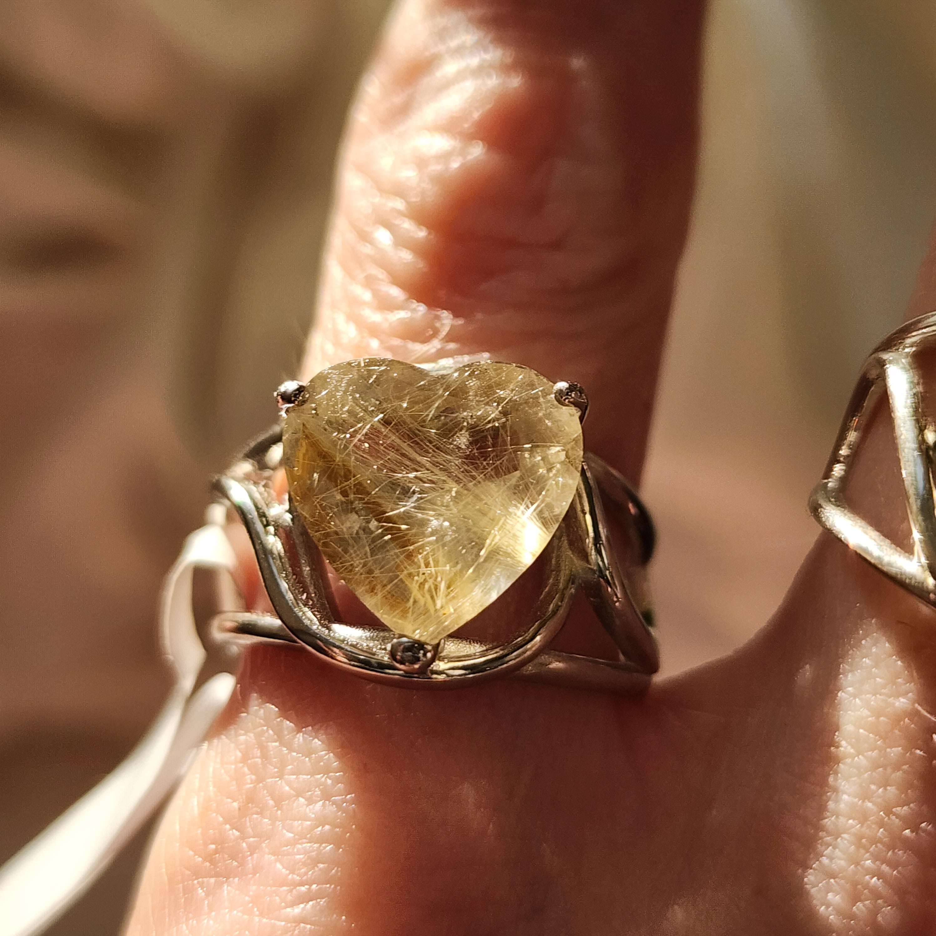 Gold Rutile in Quartz Heart Finger Cuff Adjustable Ring .925 Sterling Silver for Accelerating Manifestations