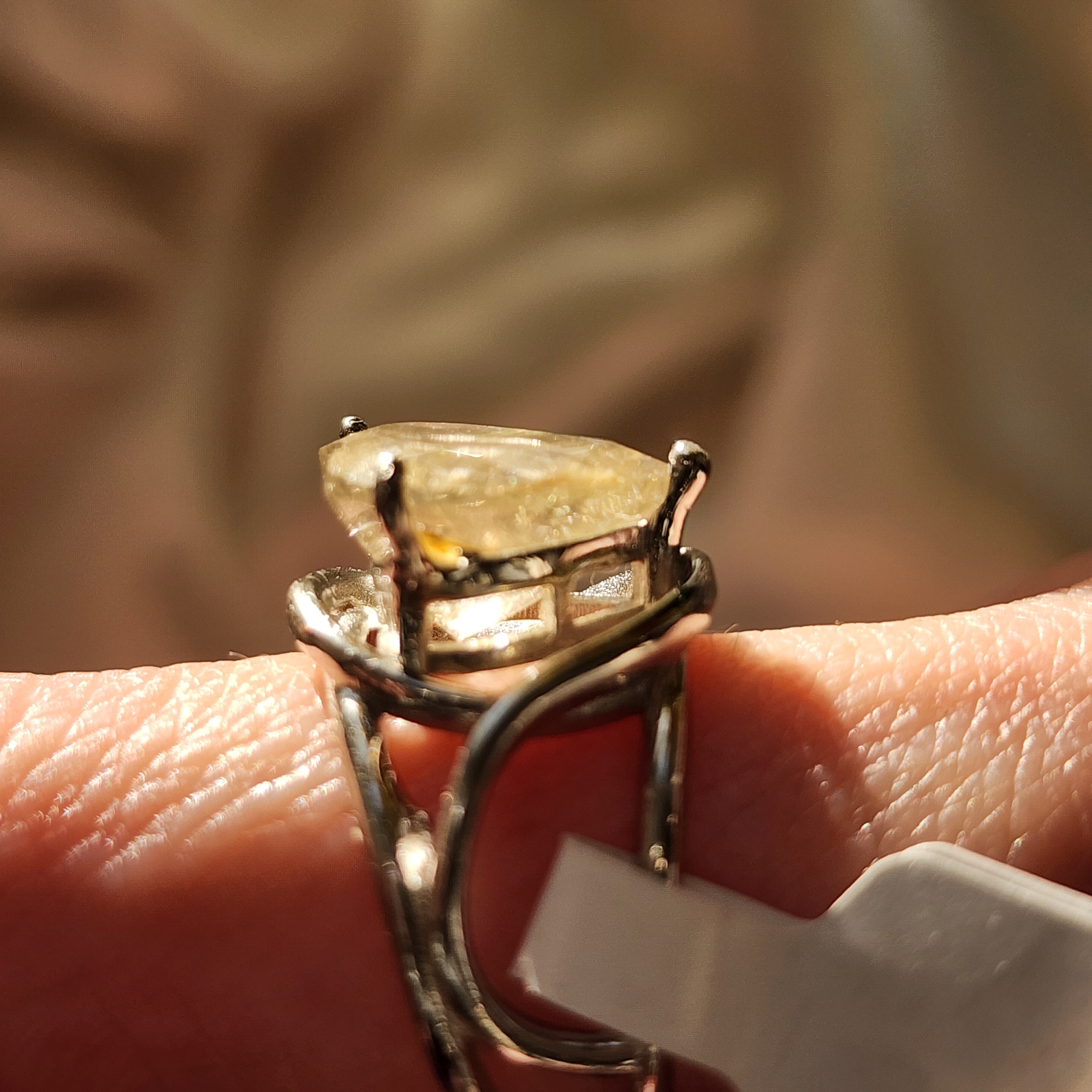 Gold Rutile in Quartz Heart Finger Cuff Adjustable Ring .925 Sterling Silver for Accelerating Manifestations