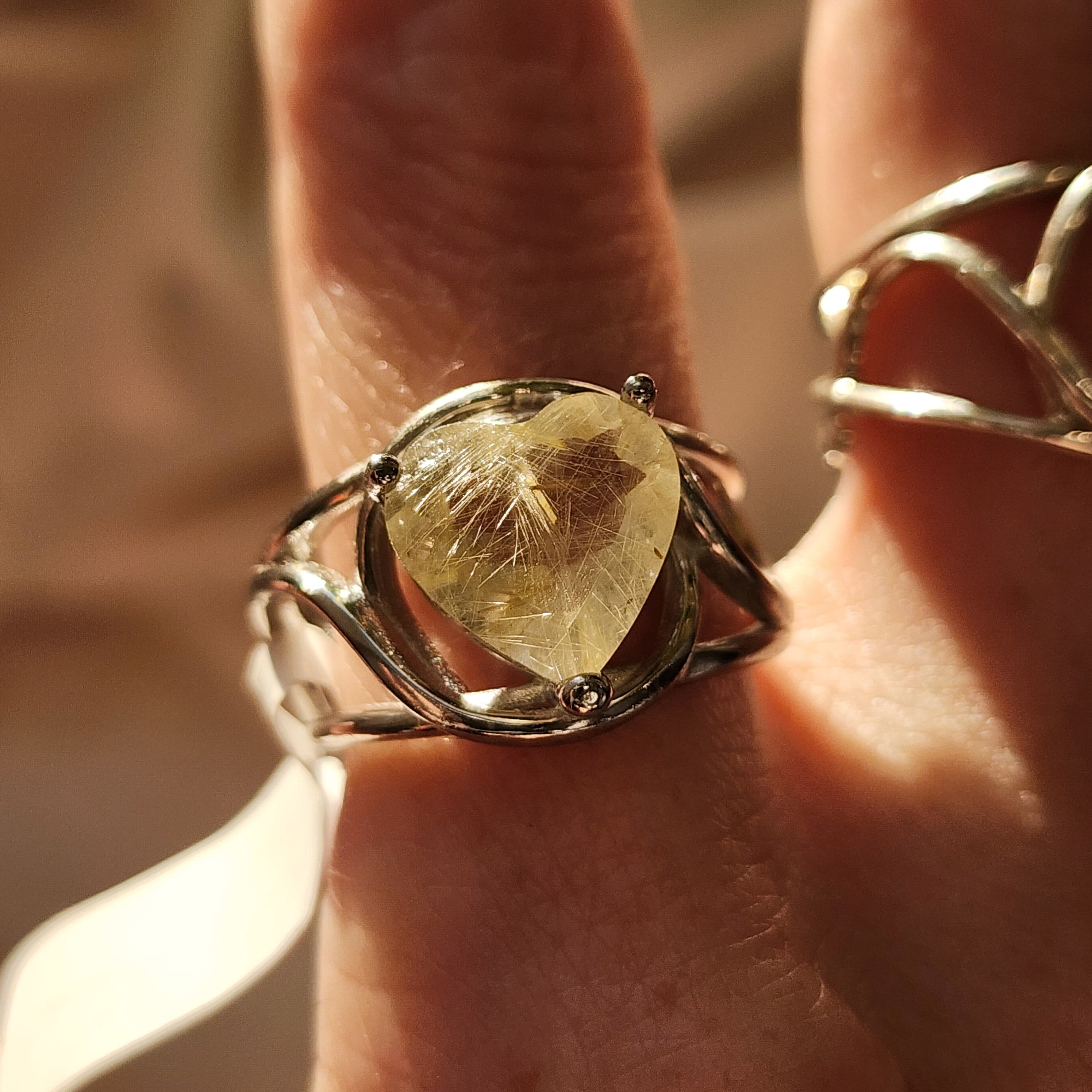 Gold Rutile in Quartz Heart Finger Cuff Adjustable Ring .925 Sterling Silver for Accelerating Manifestations