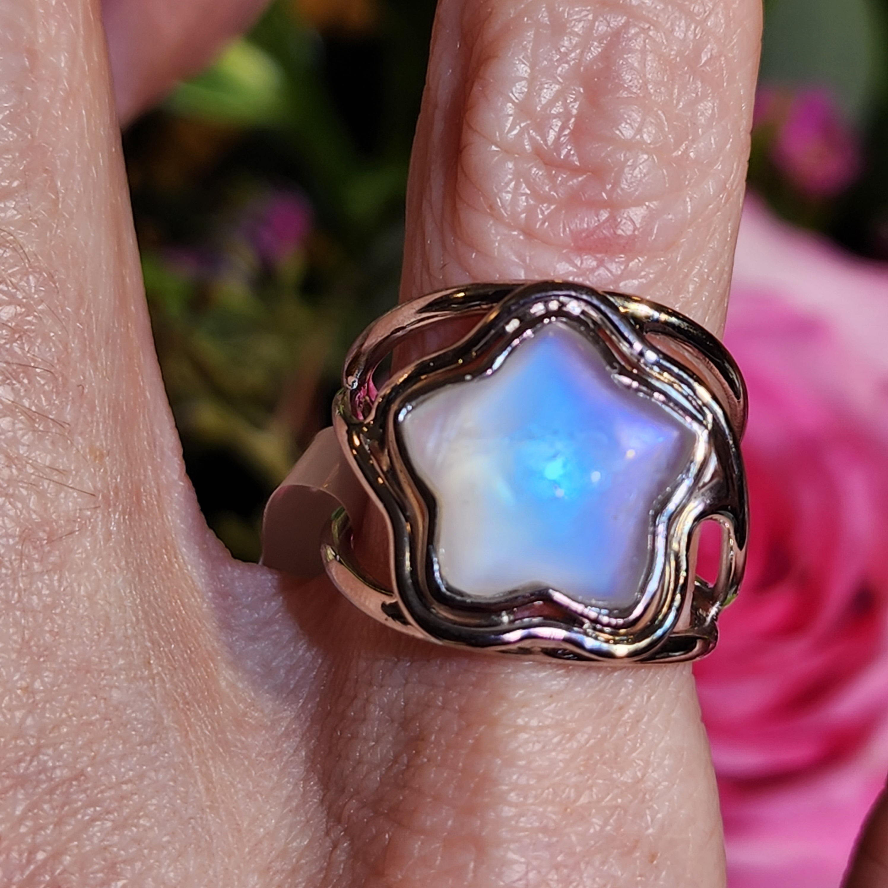 Rainbow Moonstone Star Finger Cuff Adjustable Ring .925 Silver for New Beginnings and Trusting your Intuition