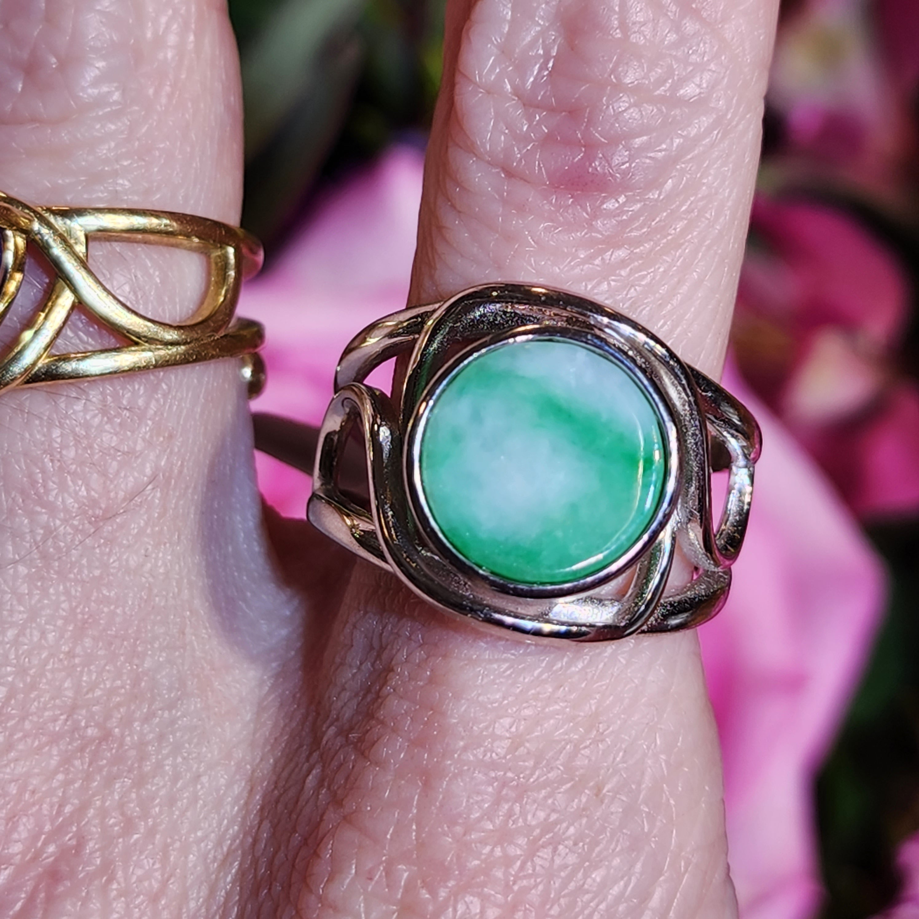 Jadeite Finger Cuff Adjustable Ring .925 Silver for Abundance, Good Luck, Joy and Protection