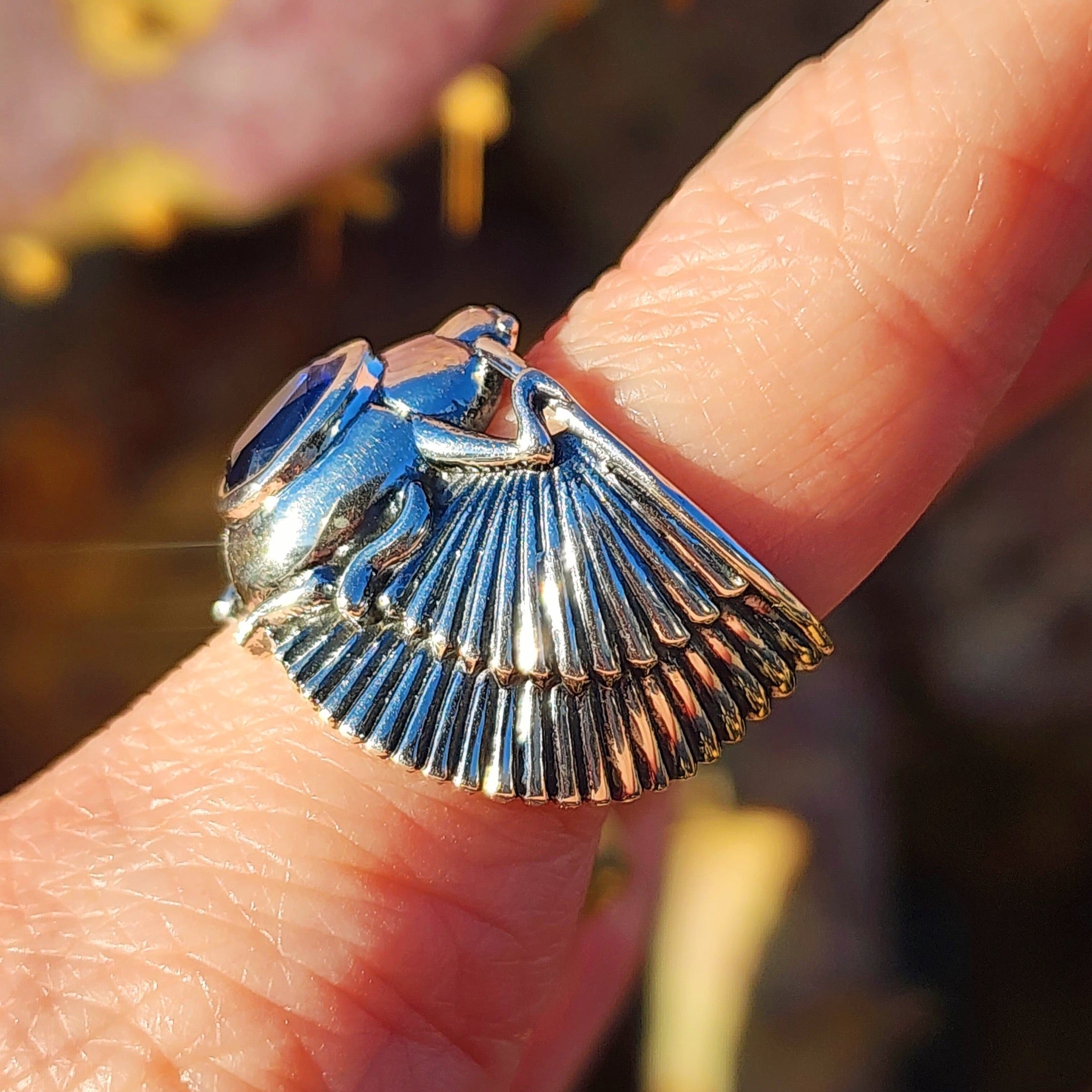 Kyanite Scarab Finger Cuff Adjustable Ring .925 Silver for Balance, Manifestation and Protection