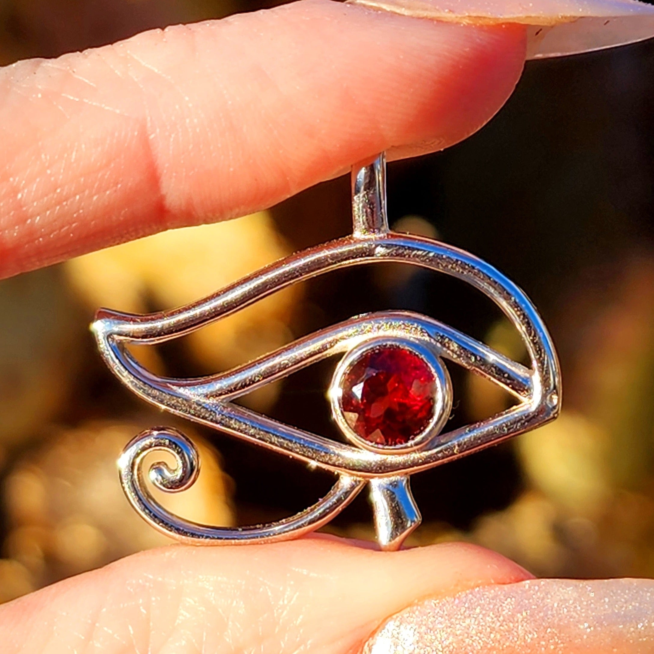 Garnet Eye of Ra Amulet Pendant .925 Silver for Health, Protection and Power