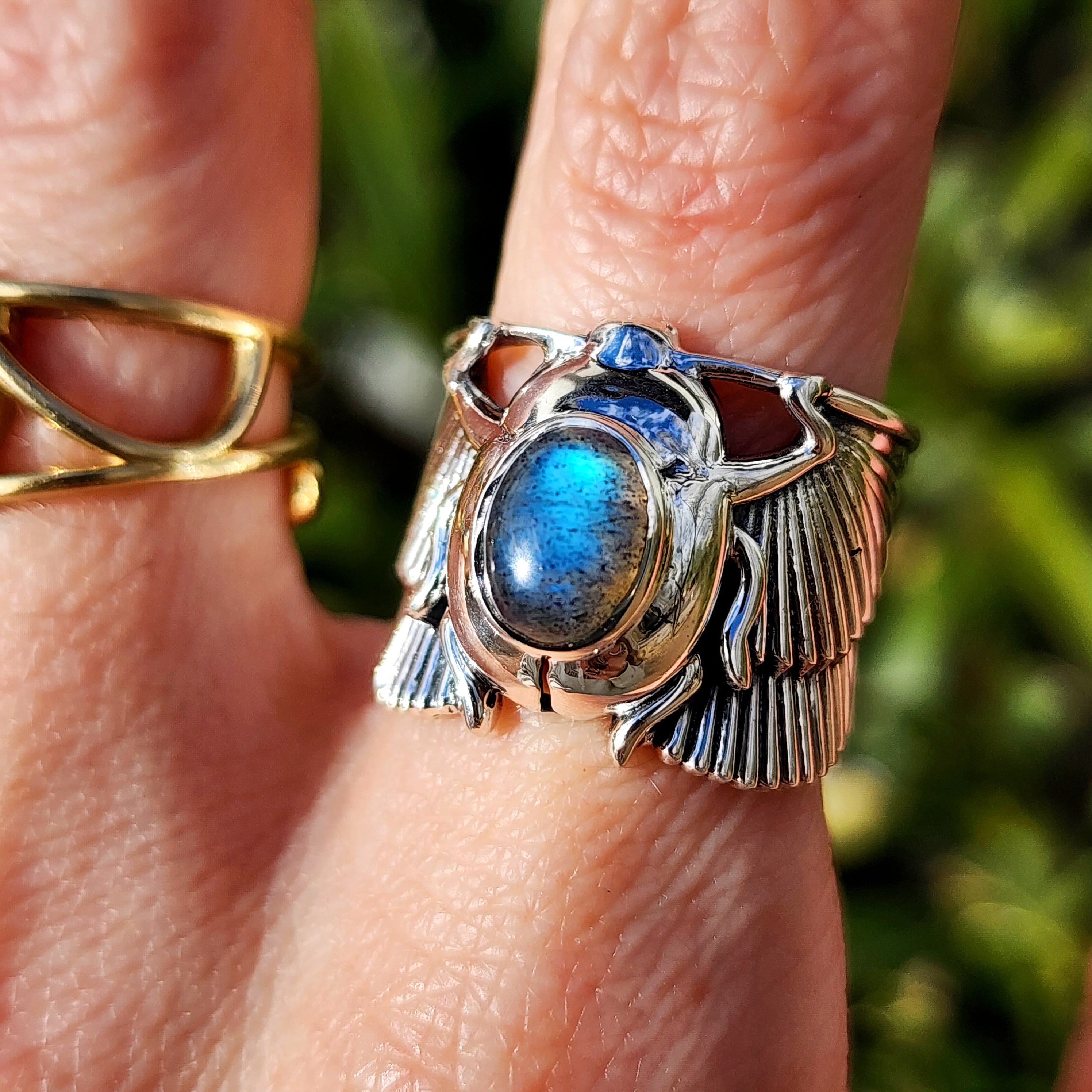 Labradorite Scarab Finger Cuff Adjustable Ring .925 Silver for Insight, Magic, Protection and Transformation