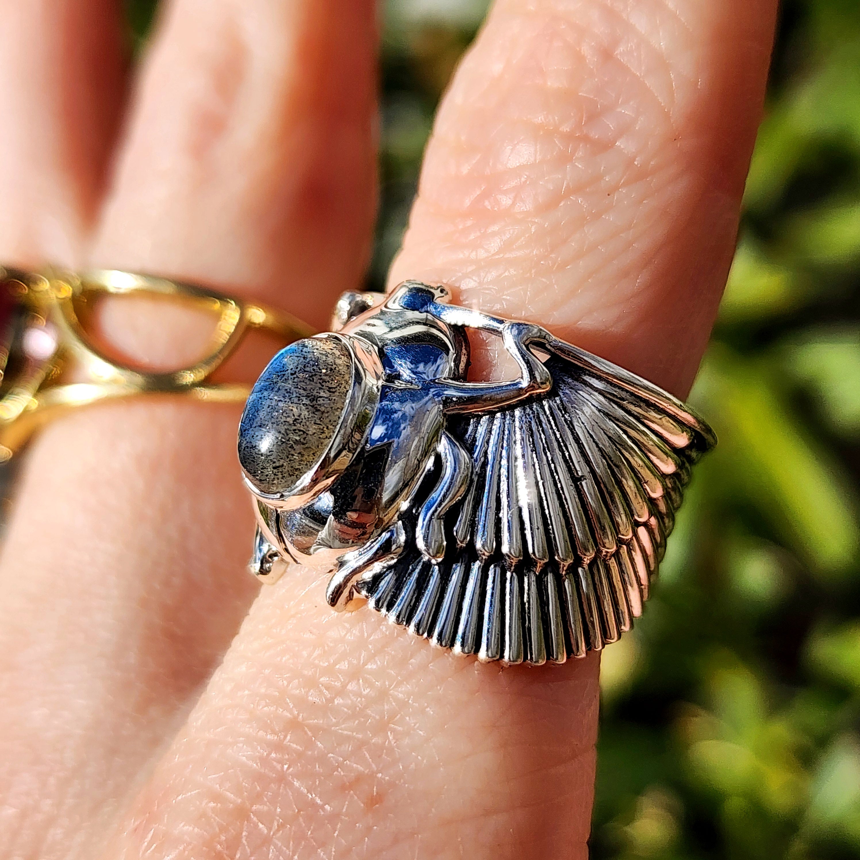 Labradorite Scarab Finger Cuff Adjustable Ring .925 Silver for Insight, Magic, Protection and Transformation