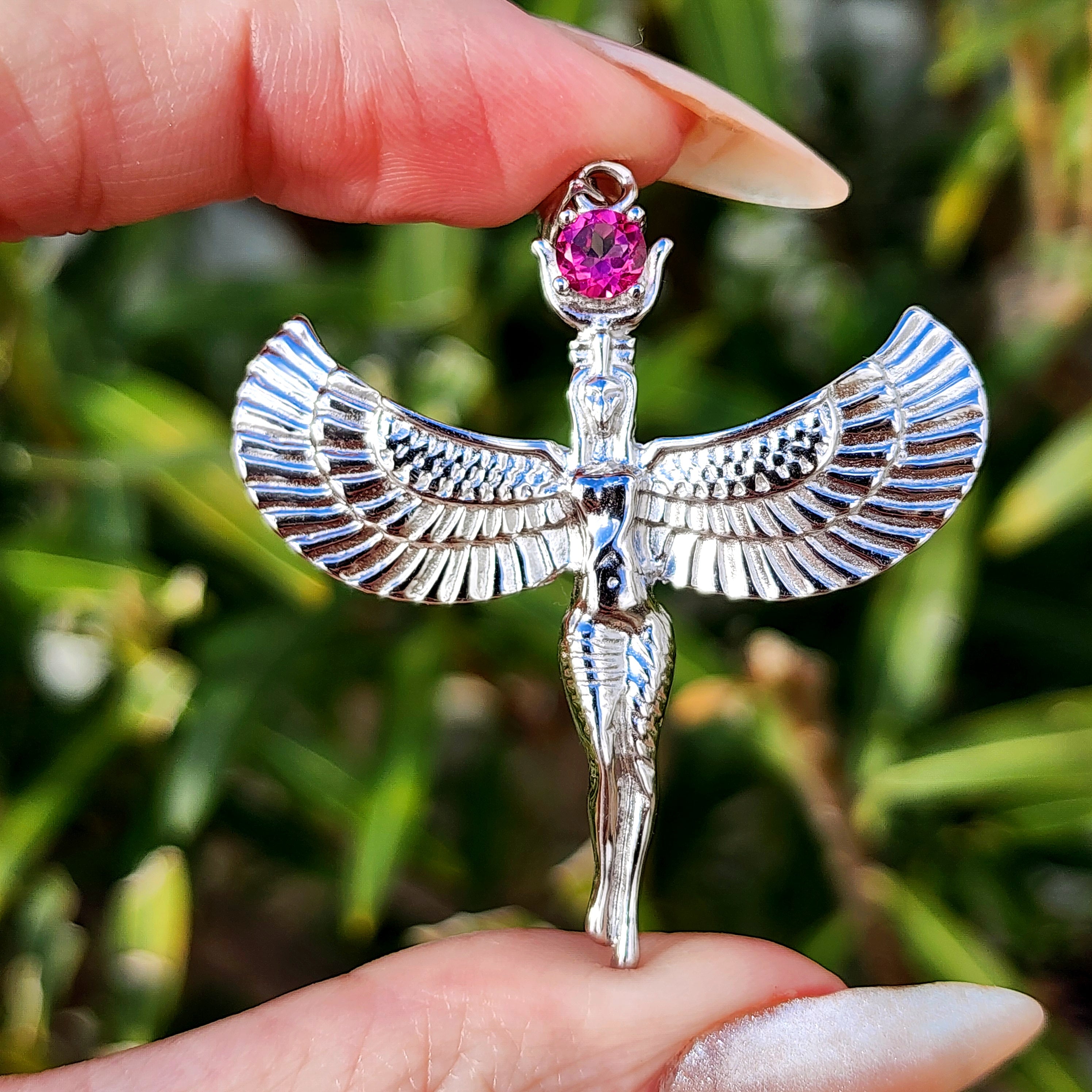 Pink Topaz Isis Goddess Amulet Pendant .925 Silver for Attracting Love, Health, Protection and Power