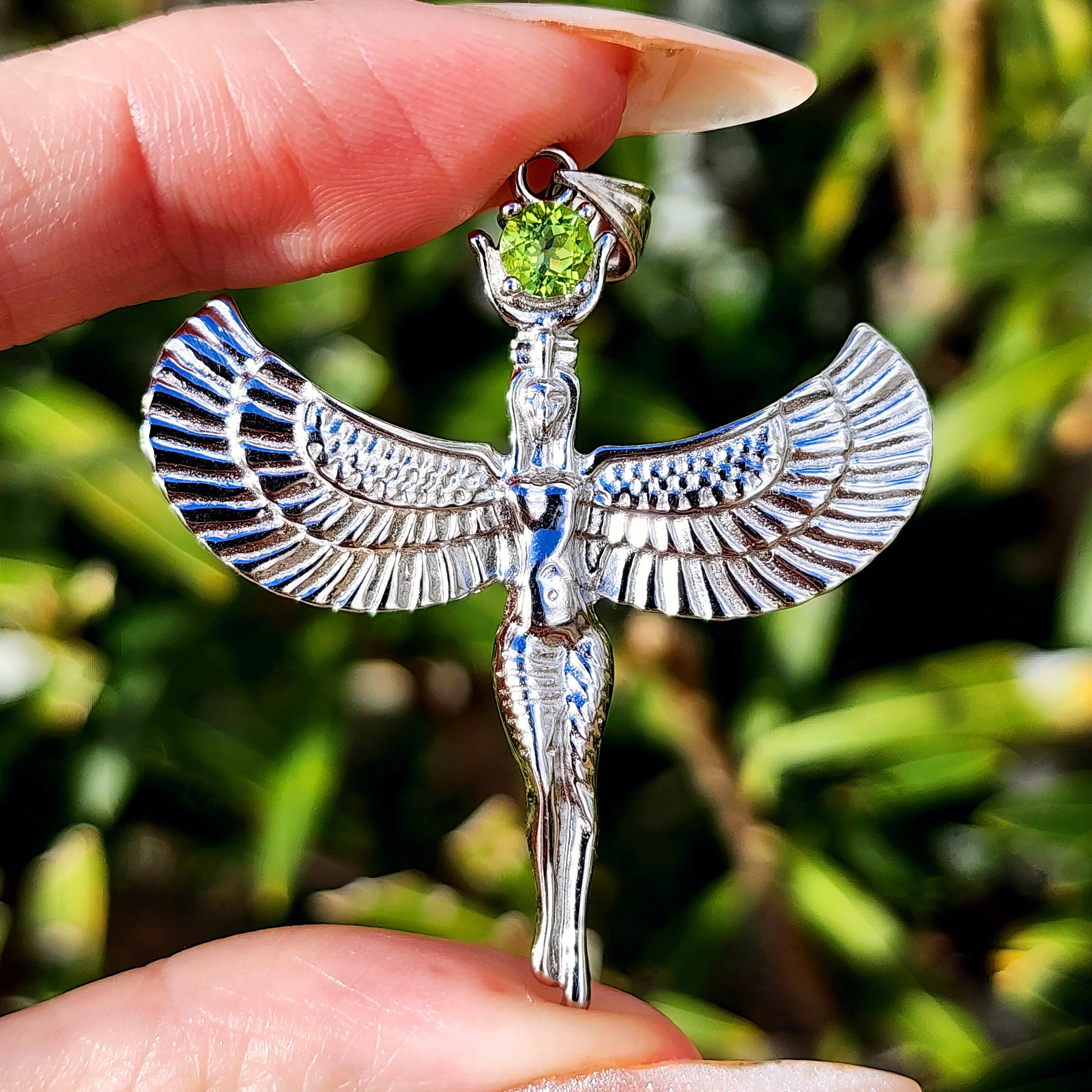 Peridot Isis Goddess Amulet Pendant .925 Silver for Abundance, Health, Protection and Power