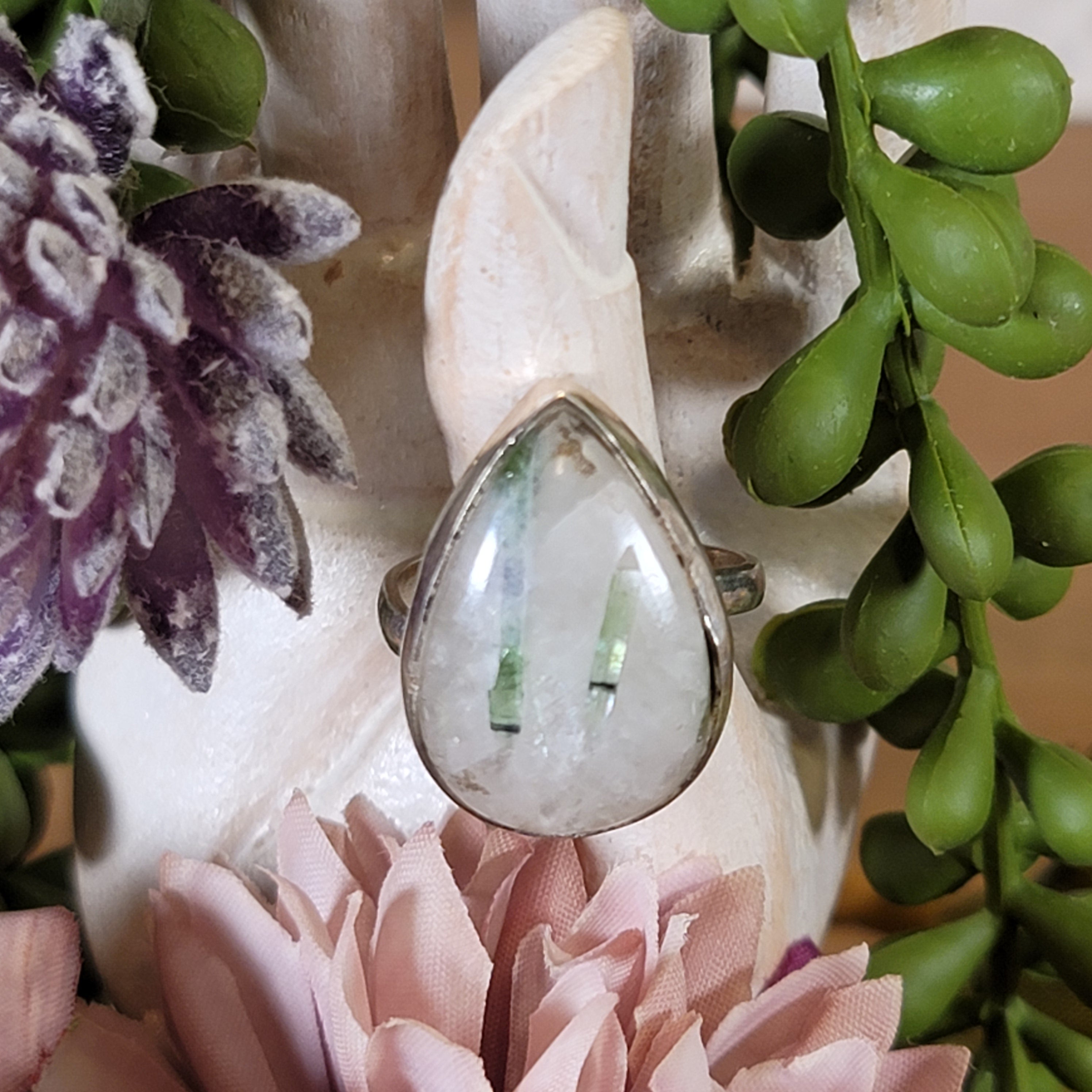 Green Tourmaline in Quartz Adjustable Ring .925 Silver for Courage, Harmony and Forgiveness