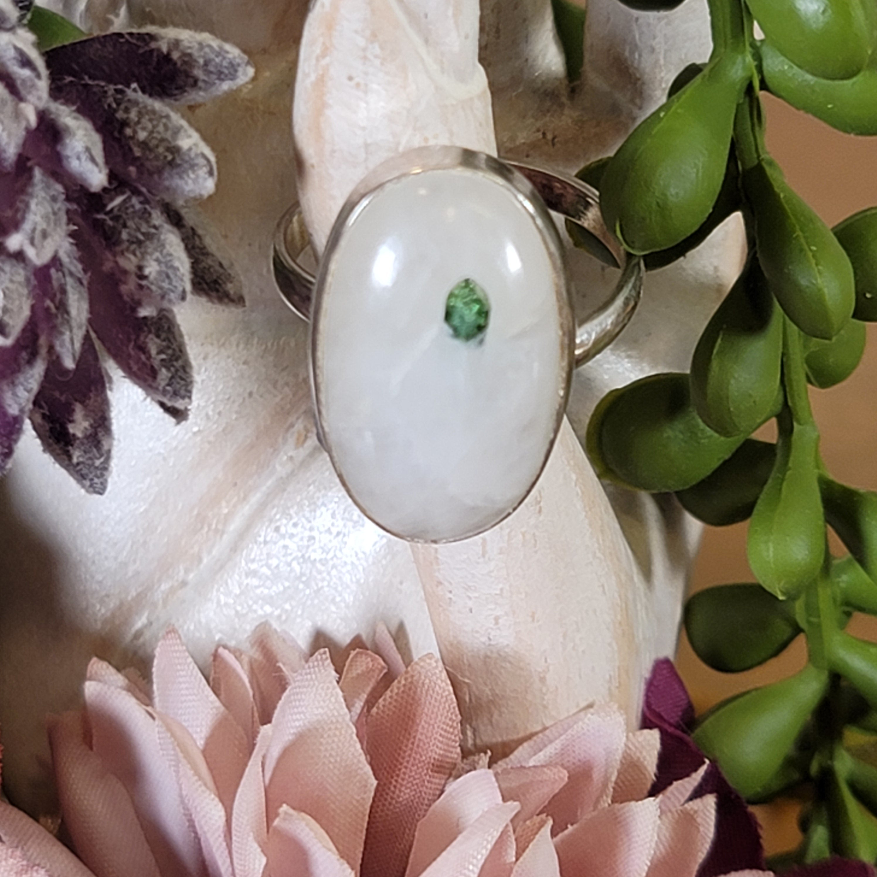 Green Tourmaline in Quartz Adjustable Ring .925 Silver for Courage, Harmony and Forgiveness