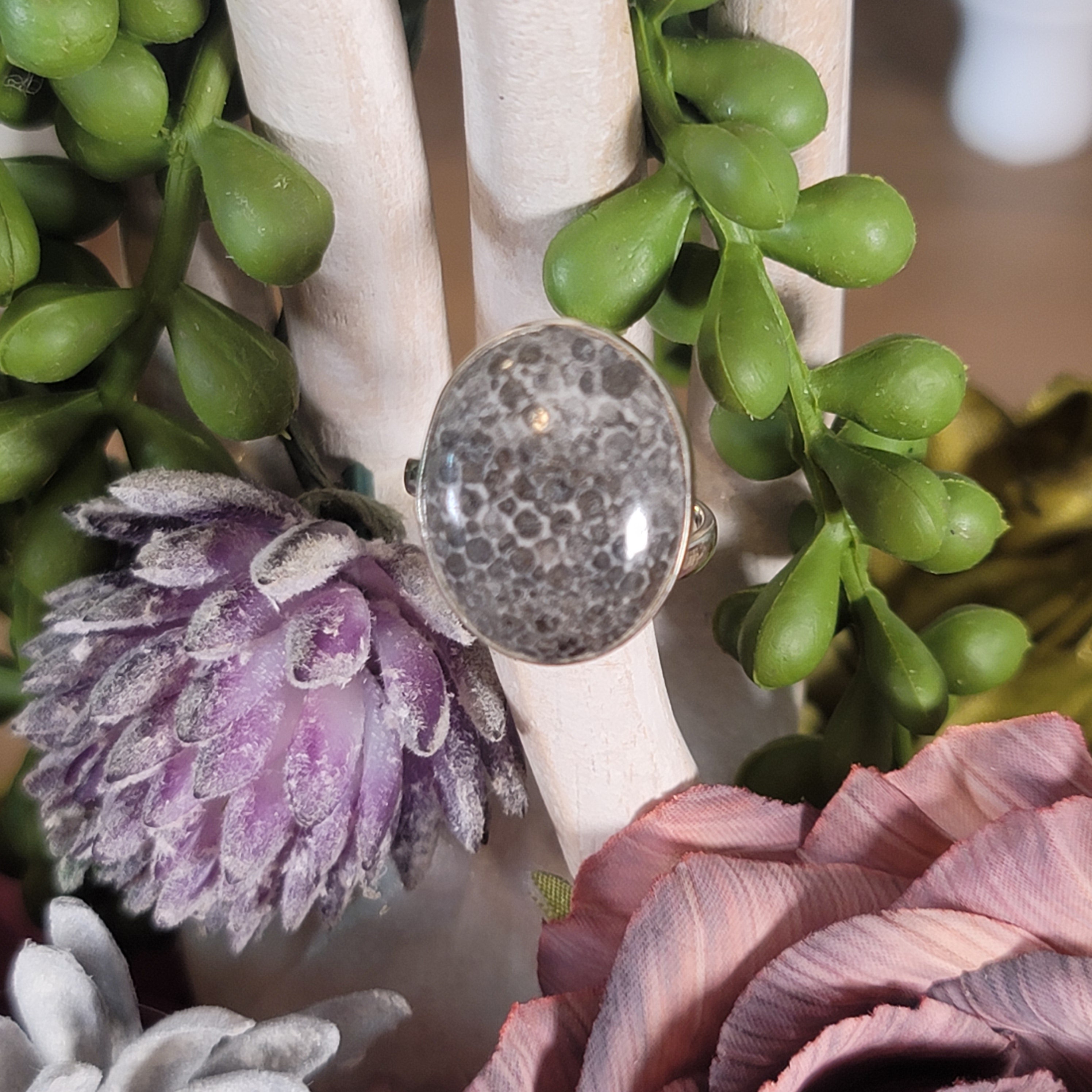 Black Sponge Coral Adjustable Ring .925 Silver for Ancient Wisdom and Grounding