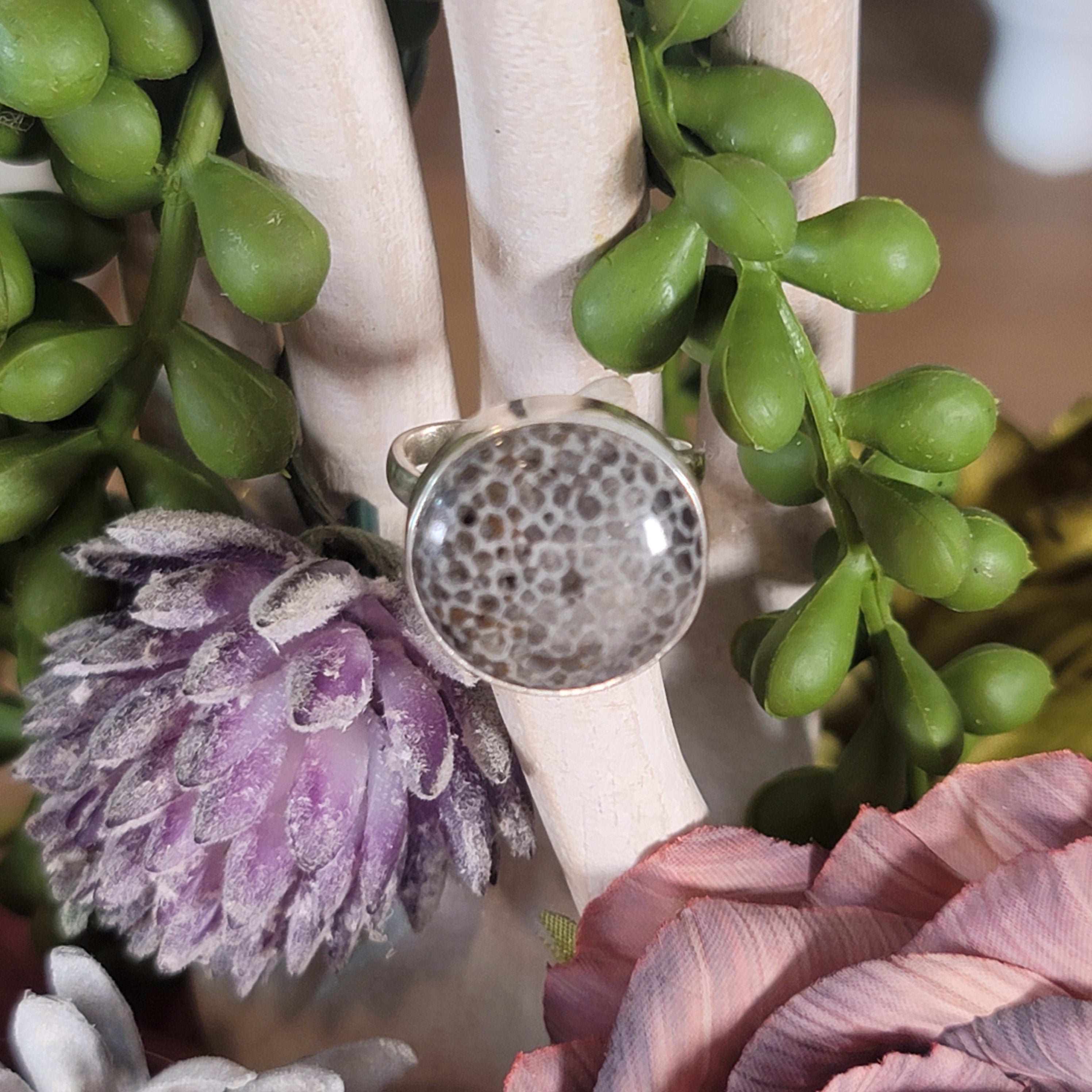 Black Sponge Coral Adjustable Ring .925 Silver for Ancient Wisdom and Grounding