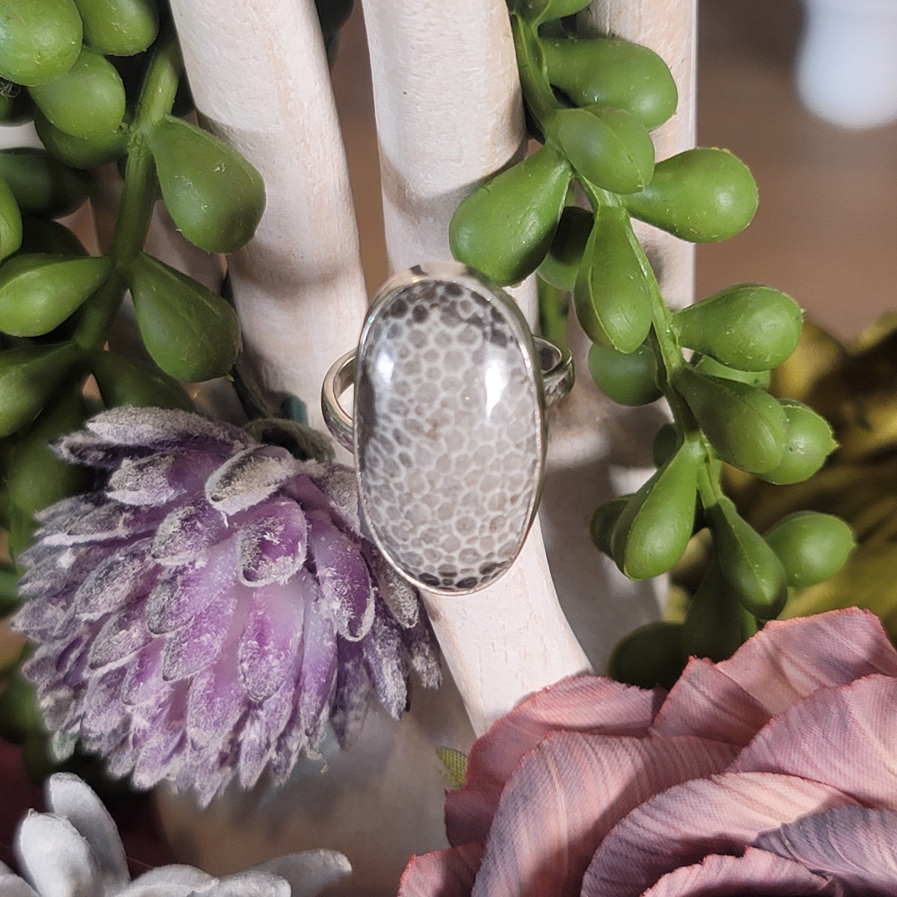 Black Sponge Coral Adjustable Ring .925 Silver for Ancient Wisdom and Grounding