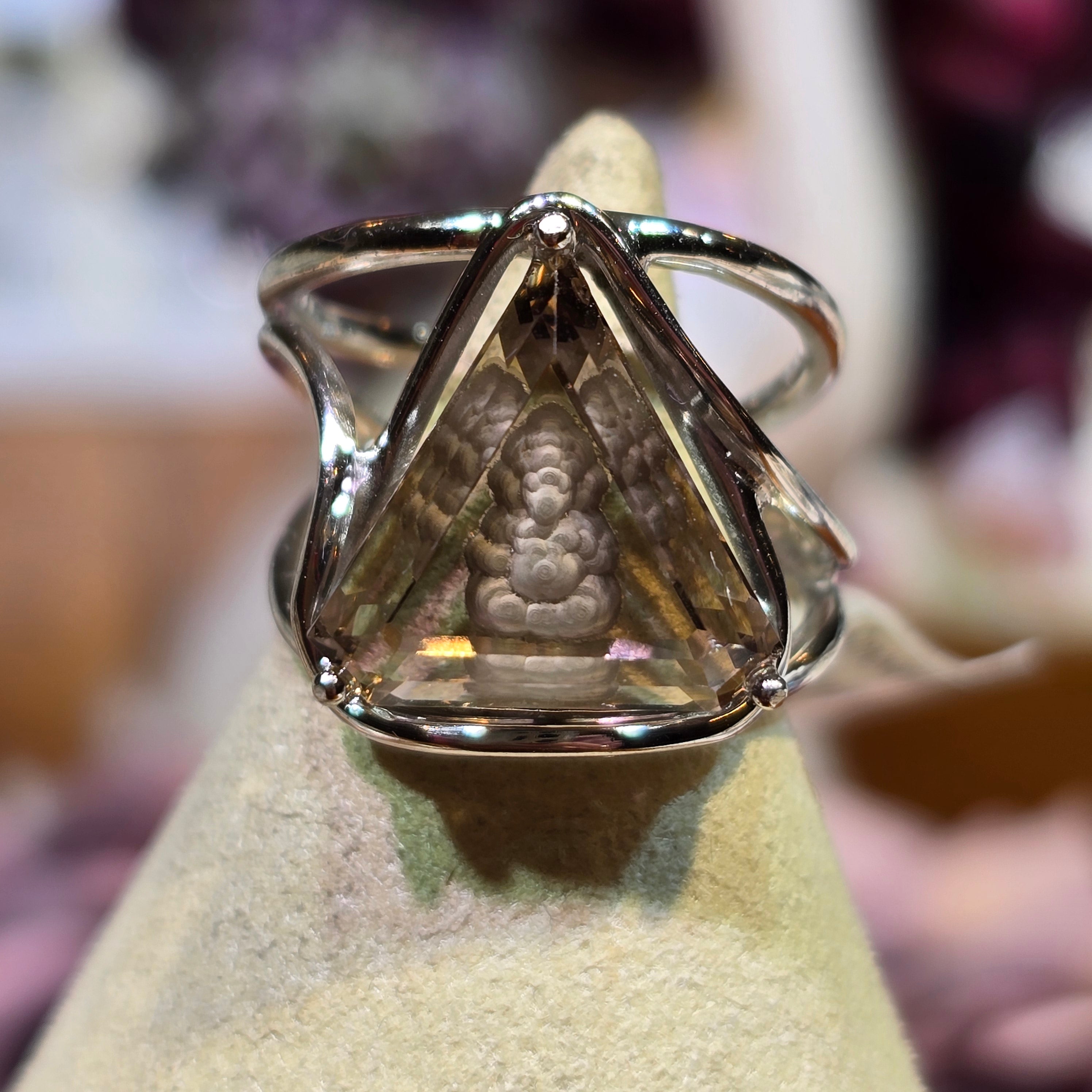 Smoky Quartz Ganesha Finger Cuff Adjustable Ring .925 Silver for Energetic Cleansing, Manifestation and Protection