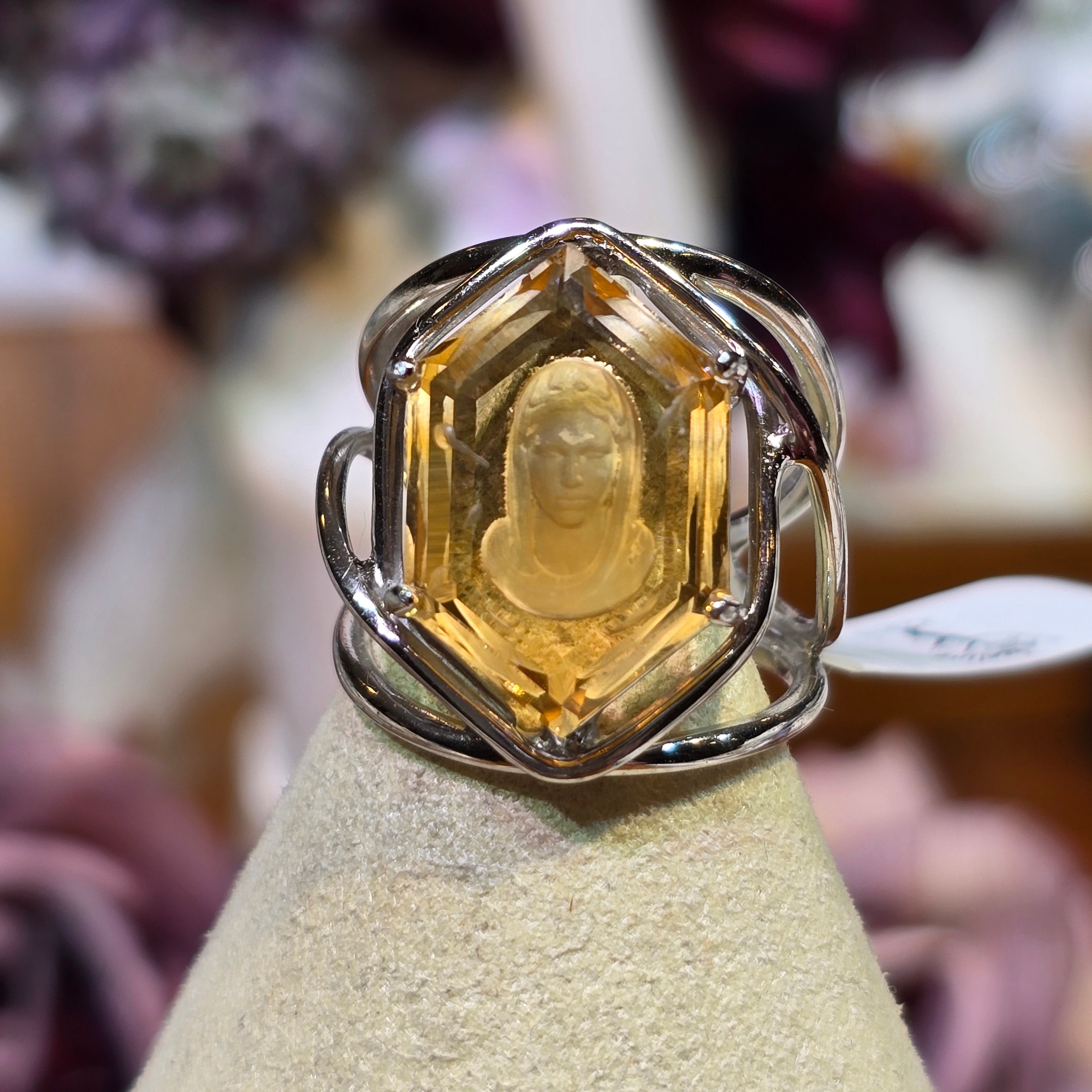 Citrine Mother Mary Finger Cuff Adjustable Ring .925 Silver for Abundance, Luck and Personal Power