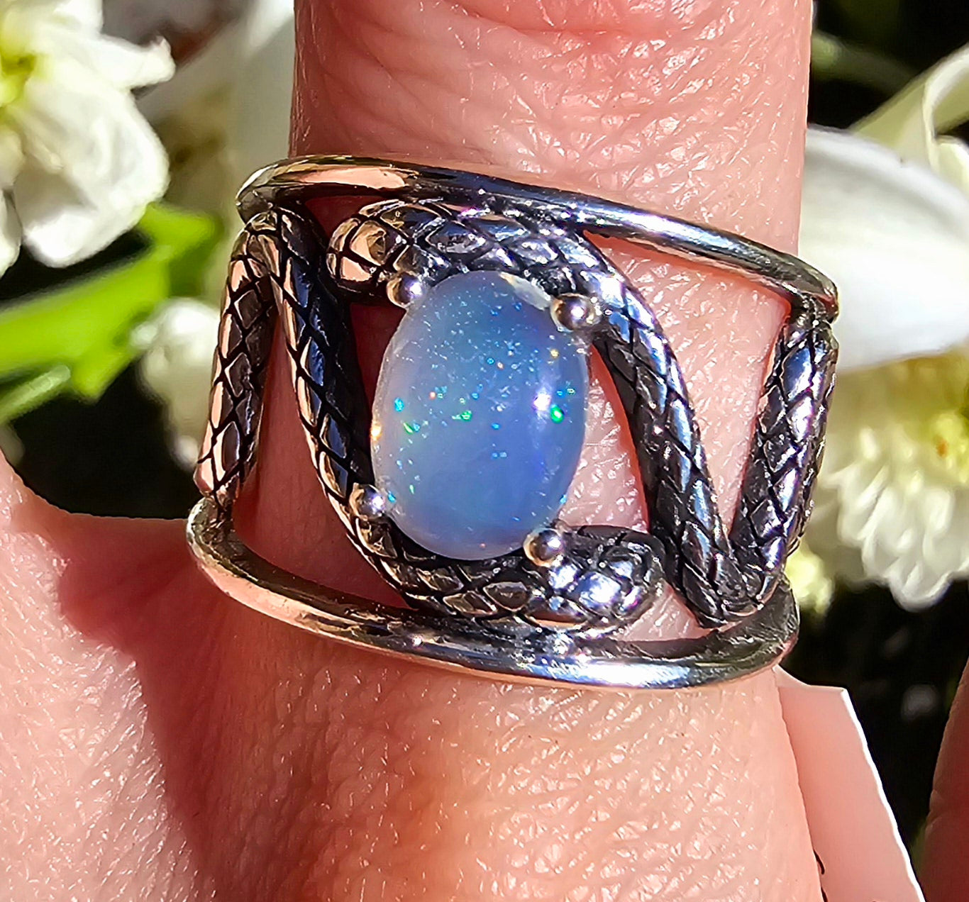 Ethiopian Opal Serpent Adjustable Finger Cuff Ring .925 Silver for Manifesting, Joy and Transformation