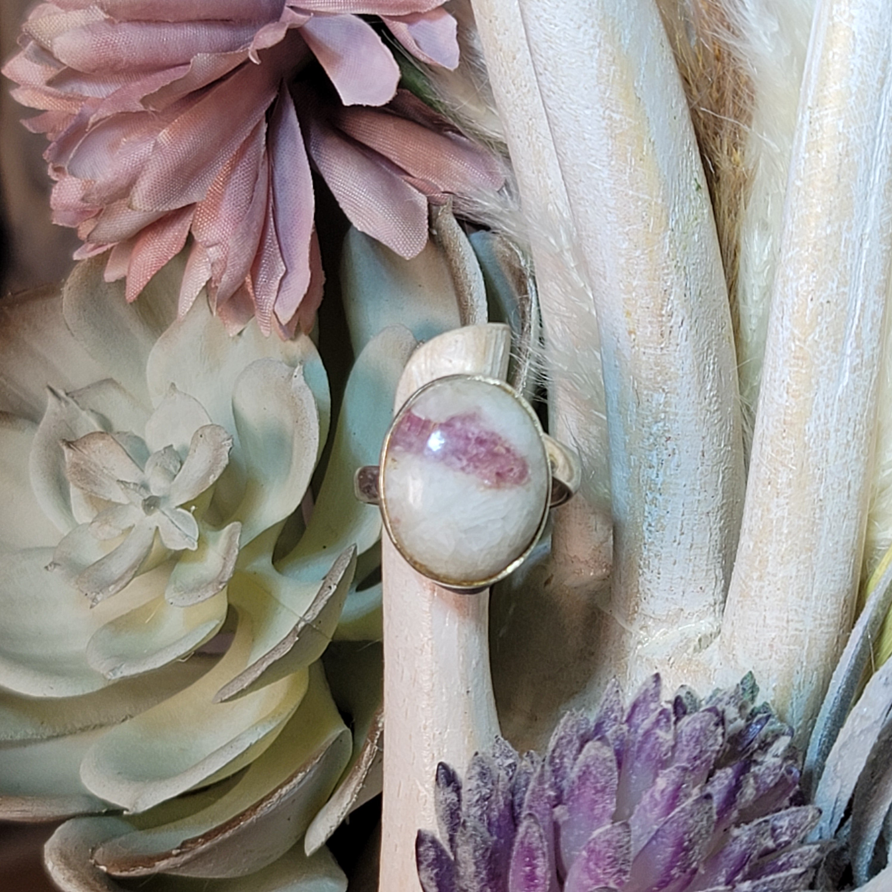 Pink Tourmaline in Quartz .925 Silver Adjustable Ring for Emotional Healing, Joy and Love