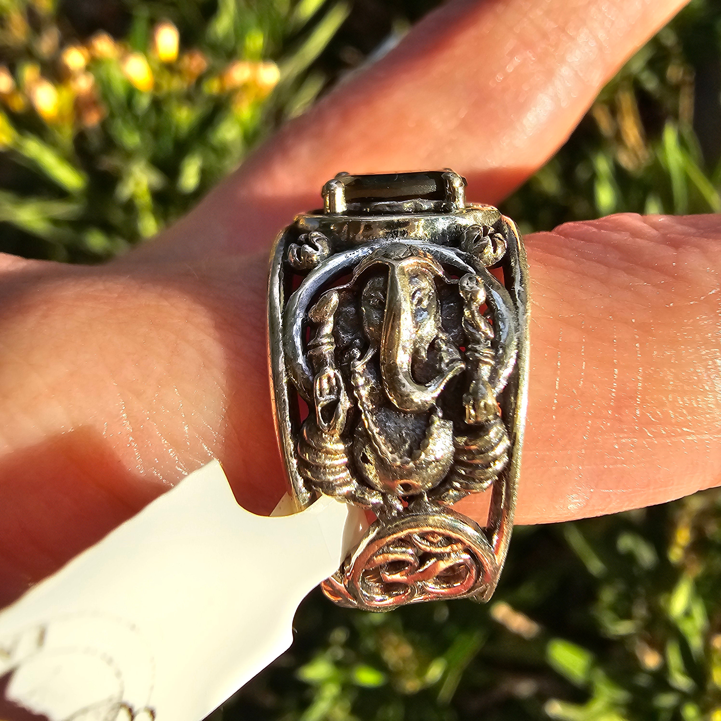 Moldavite Ganesha Finger Cuff Adjustable Ring .925 Silver for Manifesting your Dream Life