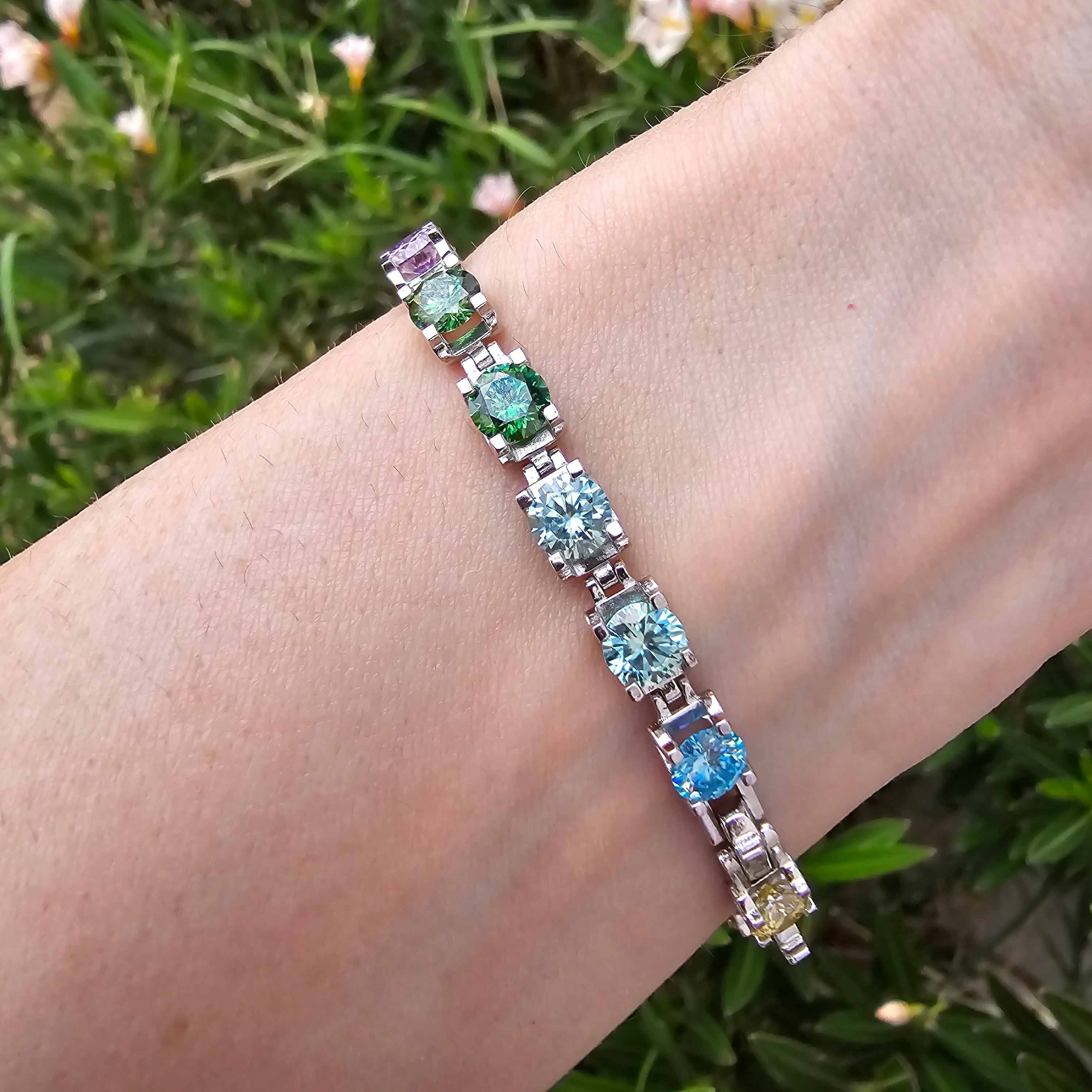 Rainbow Moissanite Tennis Bracelet .925 Silver for Enlightenment, Inner Peace & Spiritual Transformation