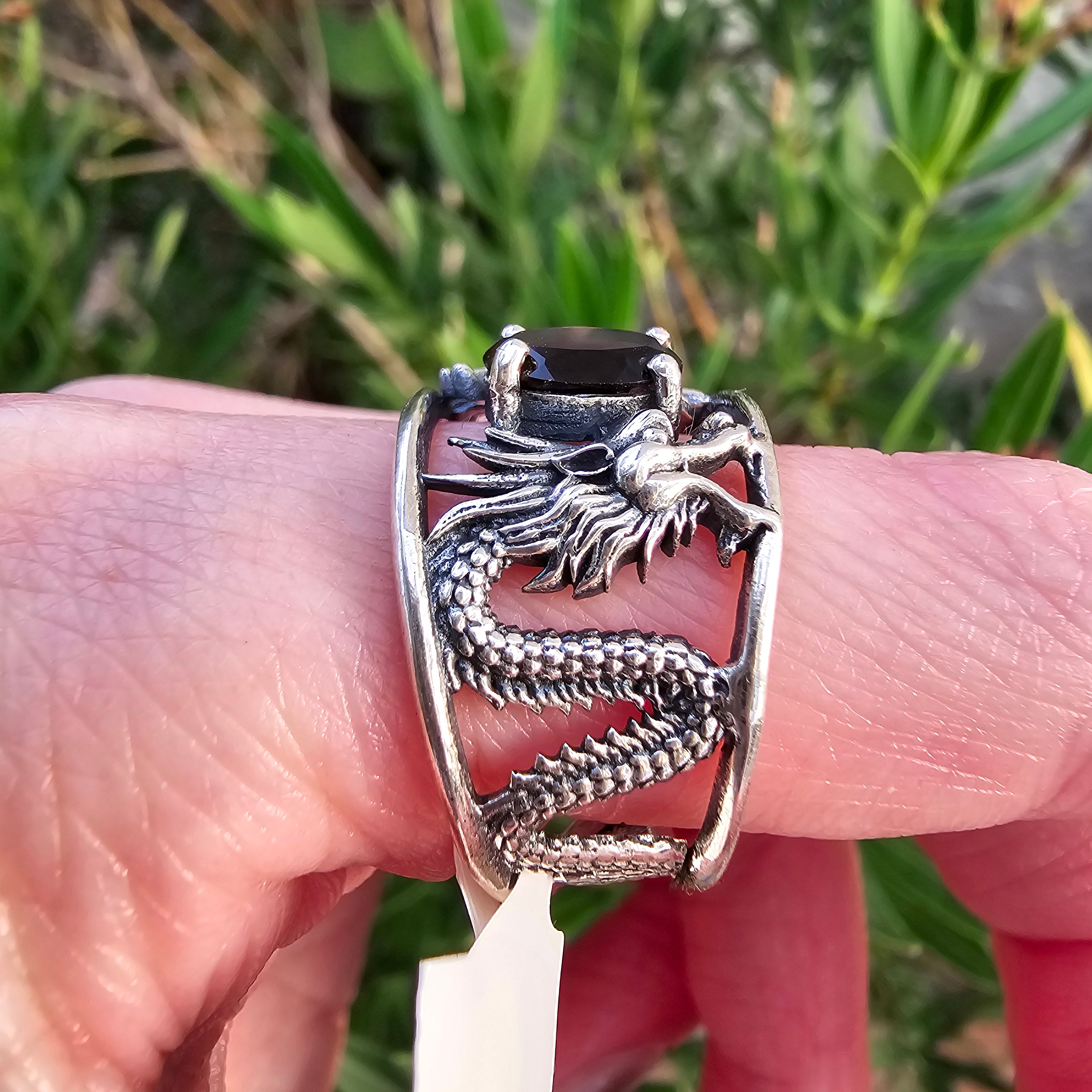 Smoky Quartz Dragon Finger Cuff Adjustable Ring .925 Silver for Power, Energetic Cleansing, Manifestation and Protection