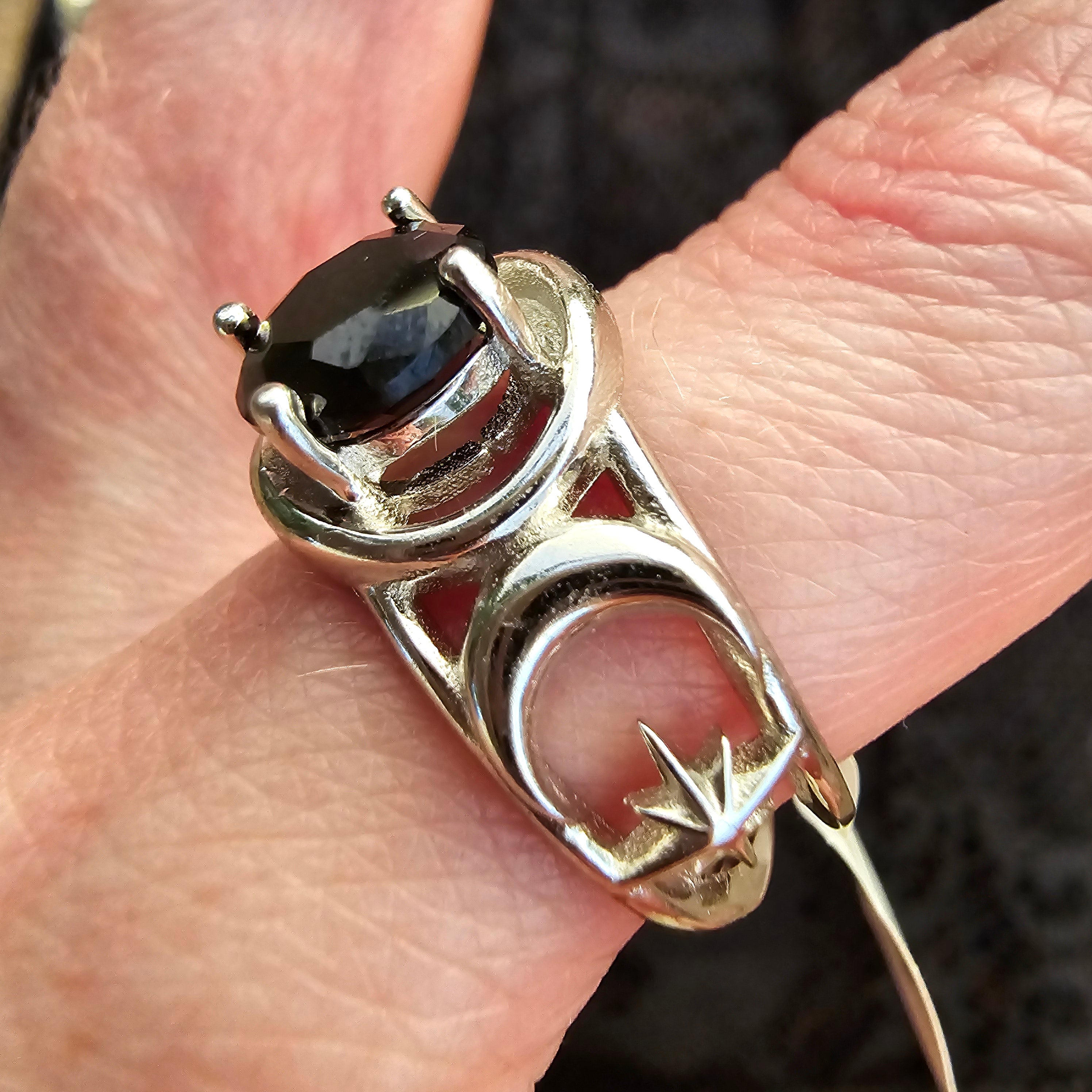 Black Spinel Triple Moon Adjustable Finger Cuff Ring .925 Silver for Divination and Protection