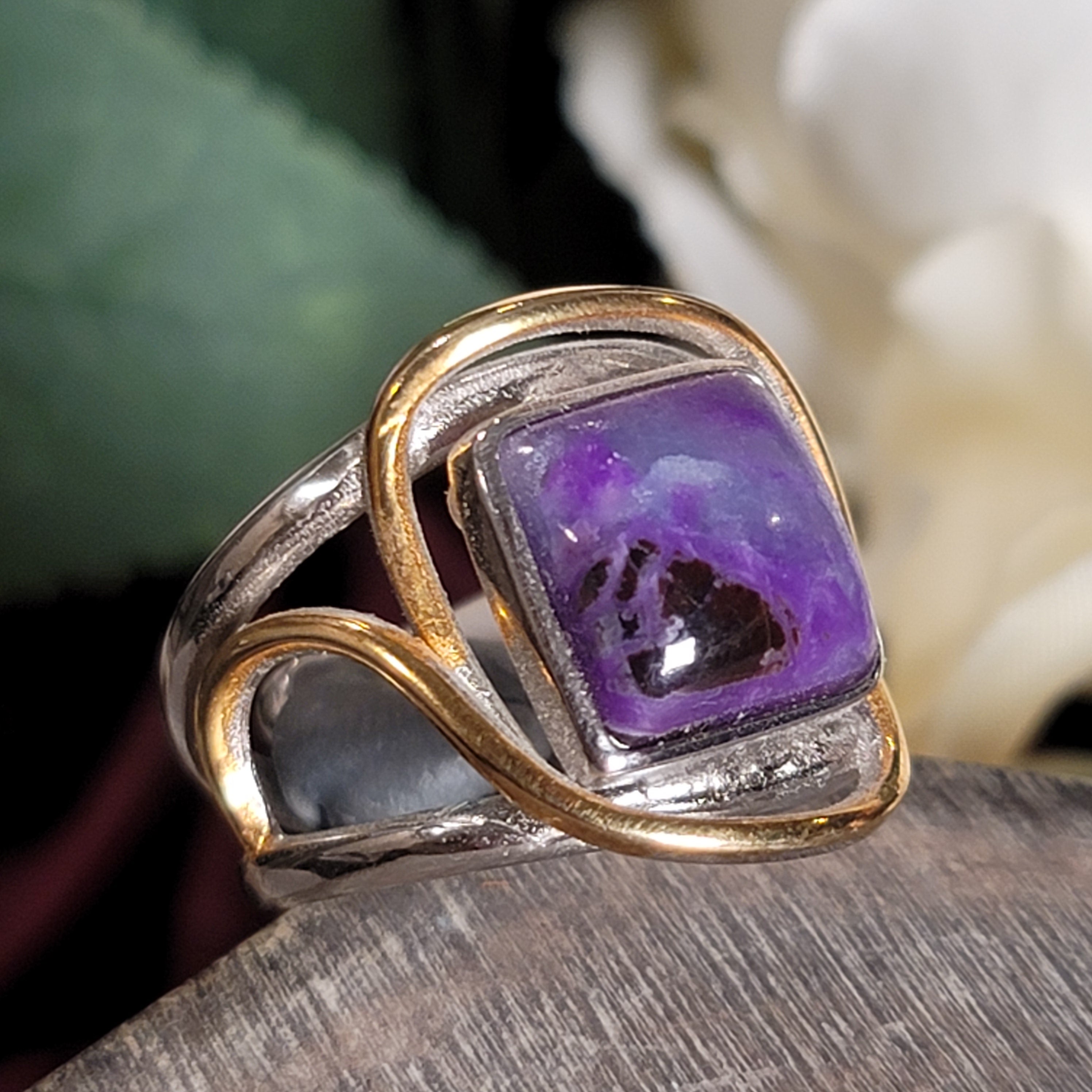 Sugilite Cuff Ring .925 Silver with Gold Plating for Enhancing Dreamwork and Discovery of Your Path