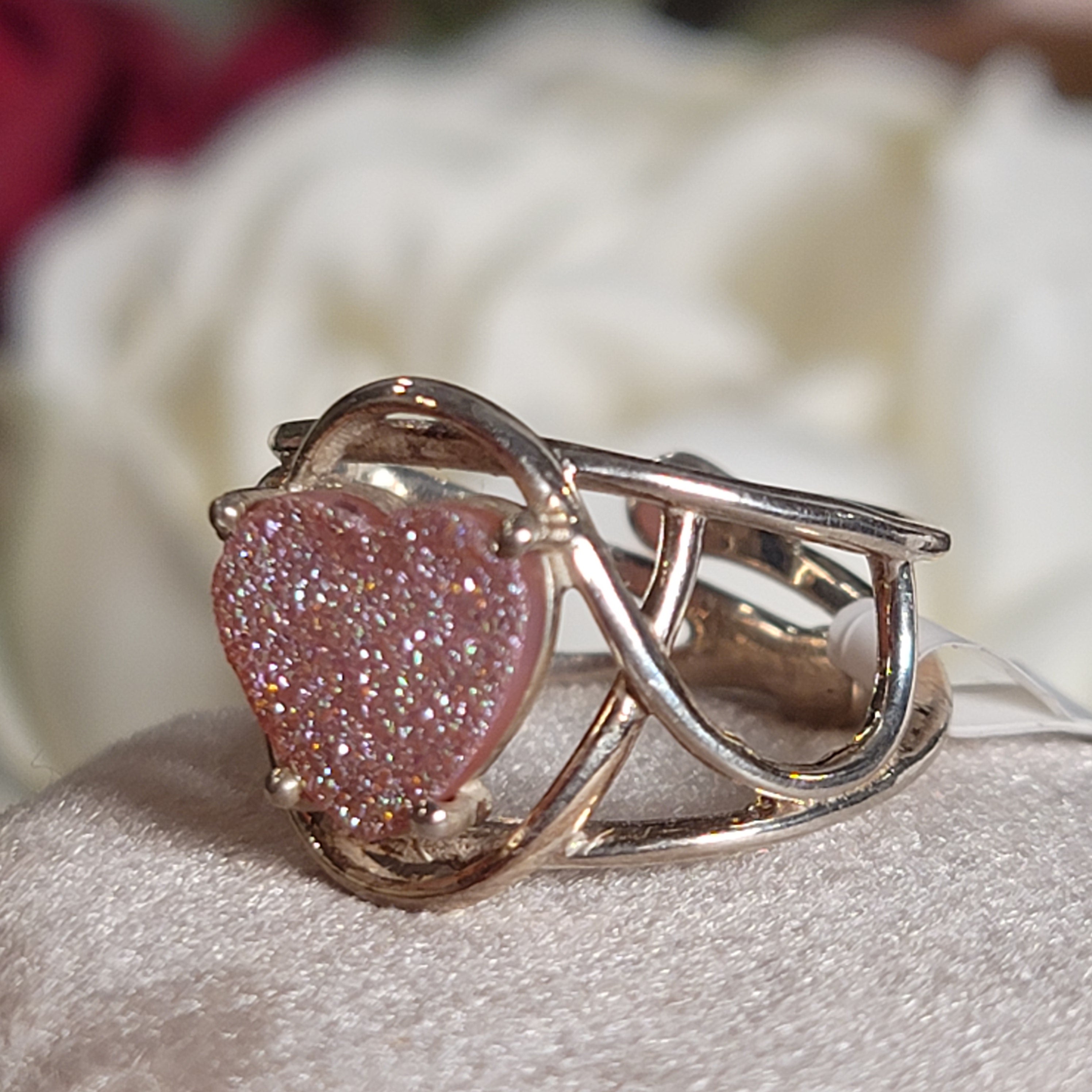 Pink Aura Druzy Quartz Heart Cuff Ring .925 Silver for Connection with Angels and Spirit Guides