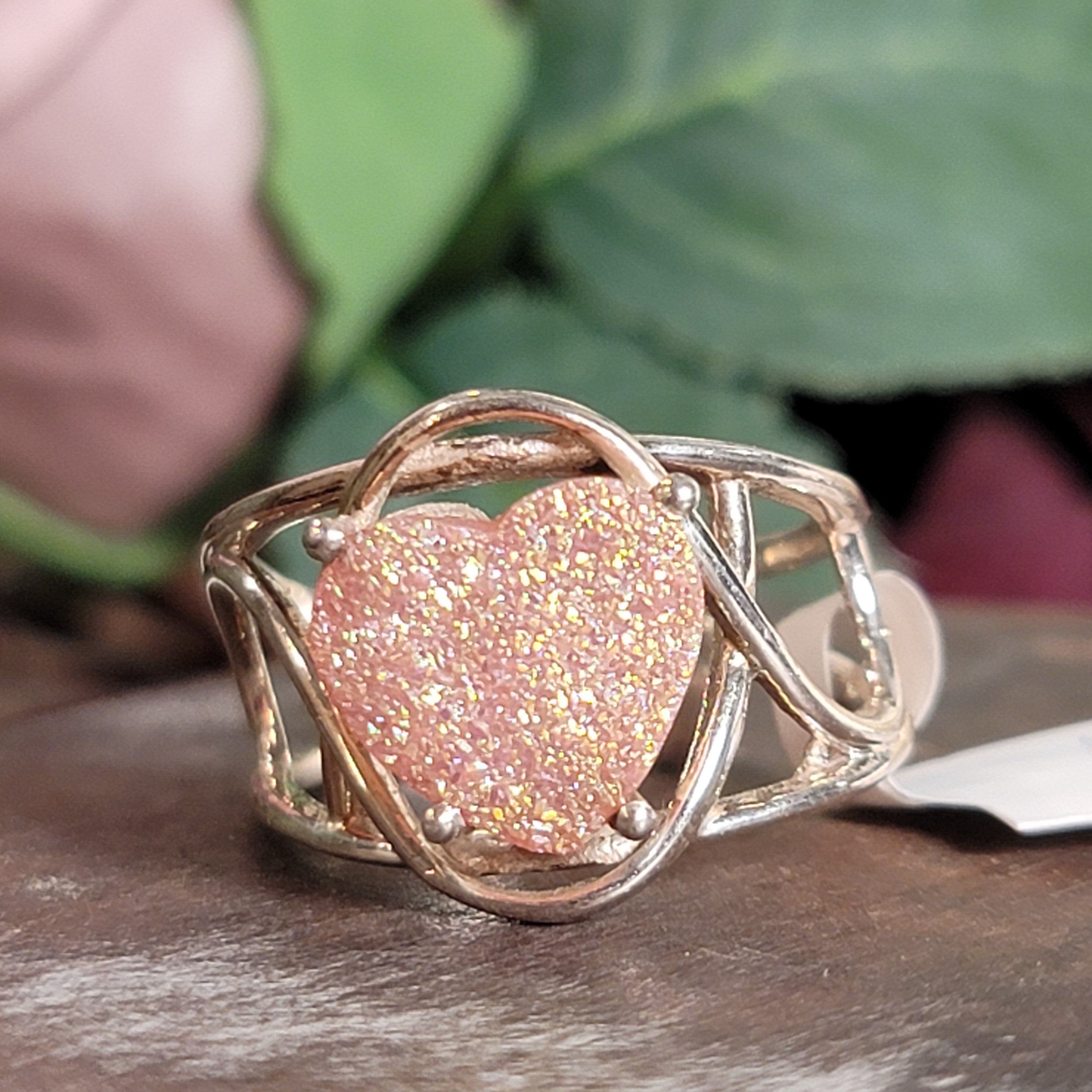 Pink Aura Druzy Quartz Heart Cuff Ring .925 Silver for Connection with Angels and Spirit Guides