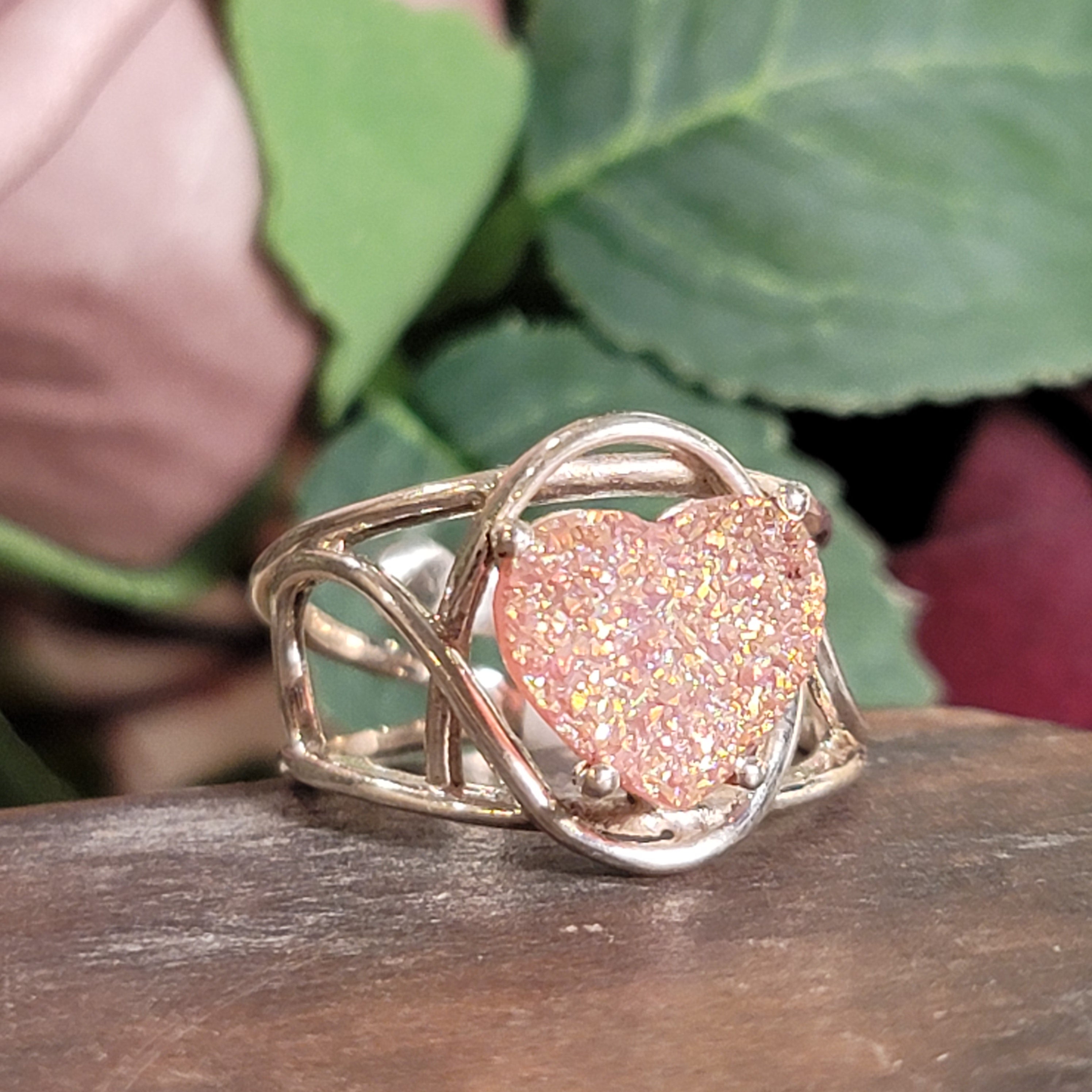 Pink Aura Druzy Quartz Heart Cuff Ring .925 Silver for Connection with Angels and Spirit Guides