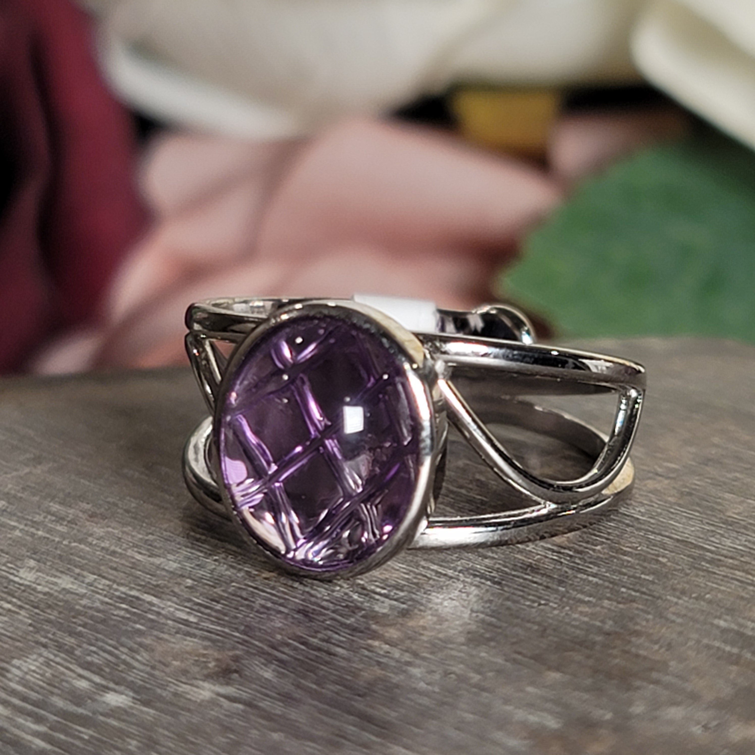 Carved Amethyst Cuff Ring .925 Silver for Enhancing Intuition & Connection with Divine