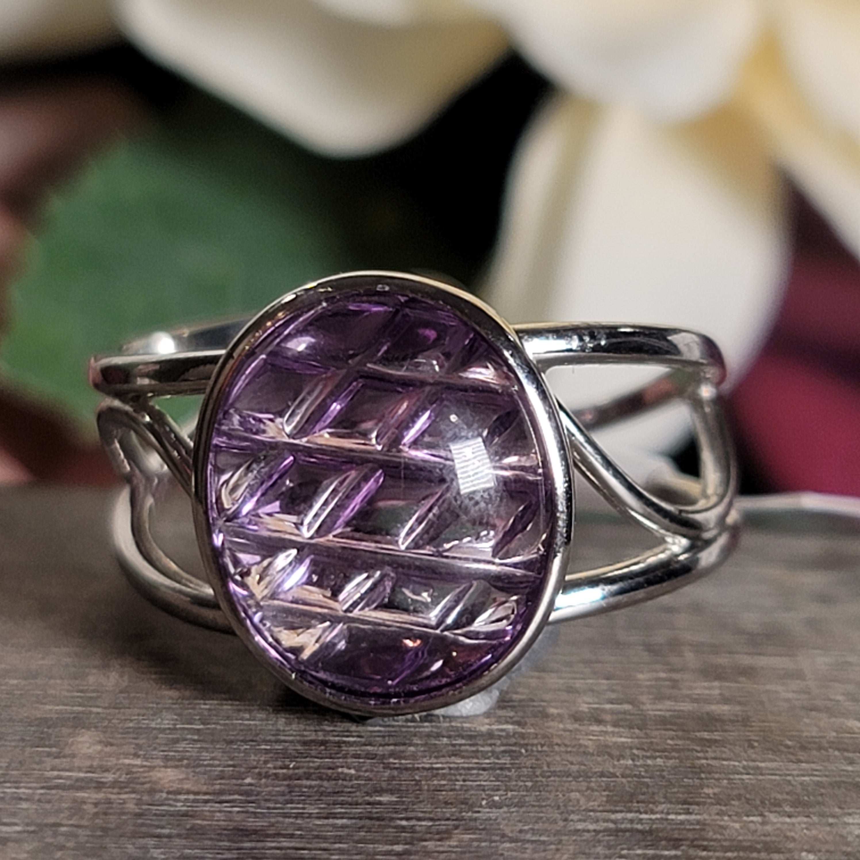 Carved Amethyst Cuff Ring .925 Silver for Enhancing Intuition & Connection with Divine