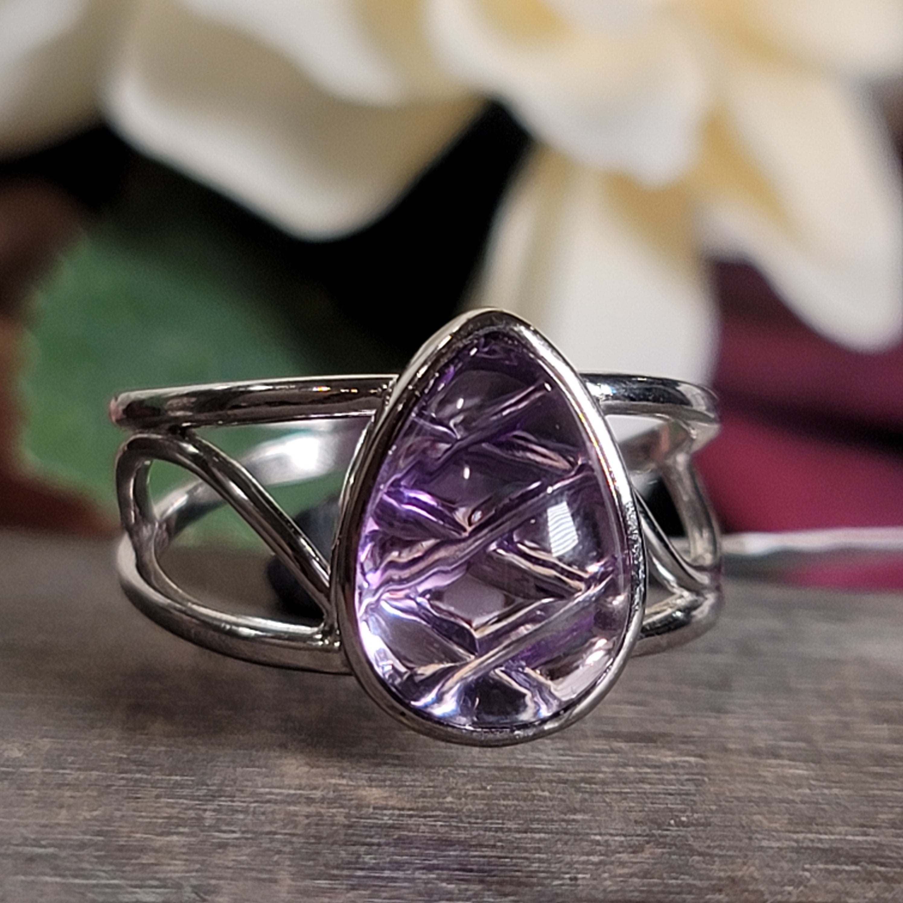 Carved Amethyst Cuff Ring .925 Silver for Enhancing Intuition & Connection with Divine