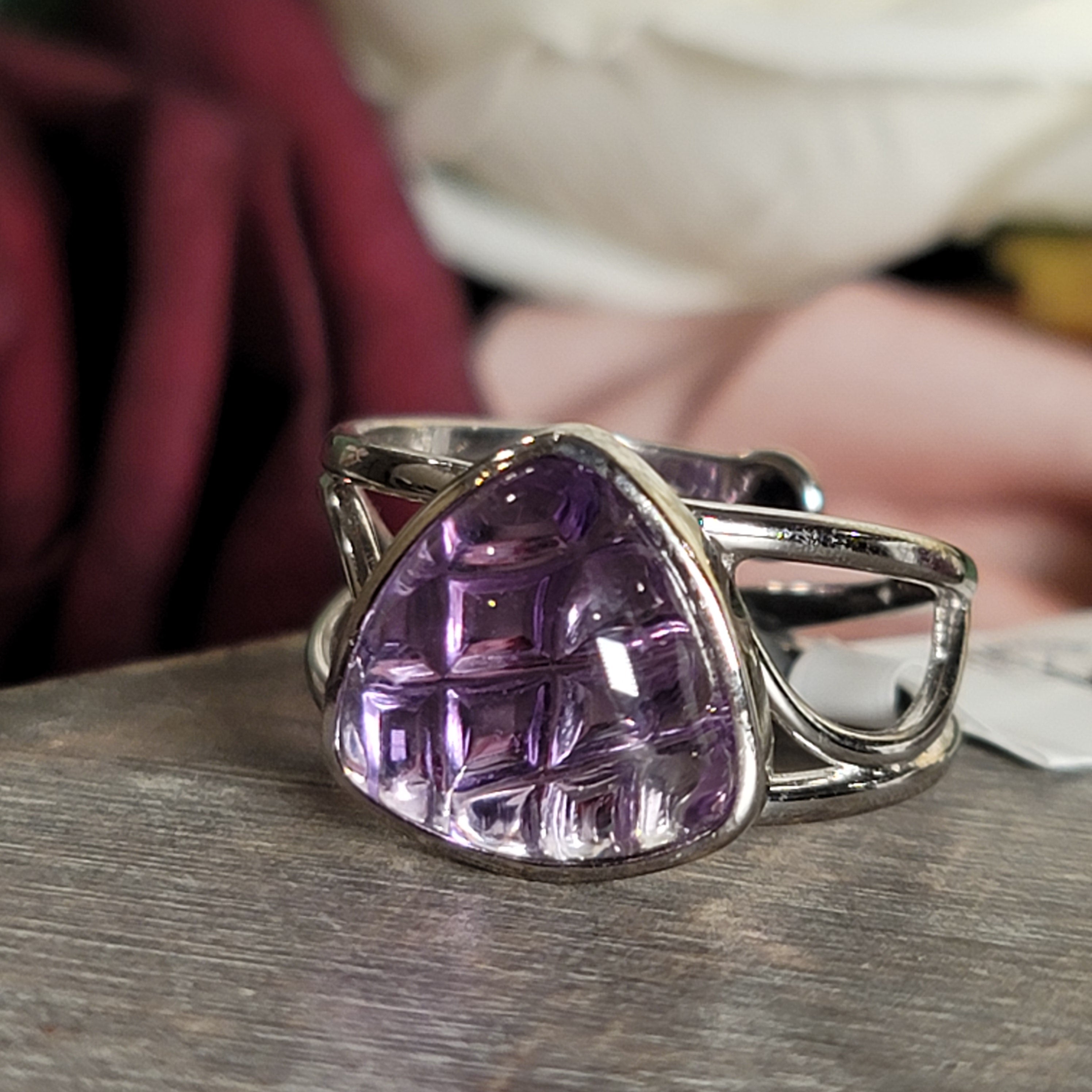 Carved Amethyst Cuff Ring .925 Silver for Enhancing Intuition & Connection with Divine