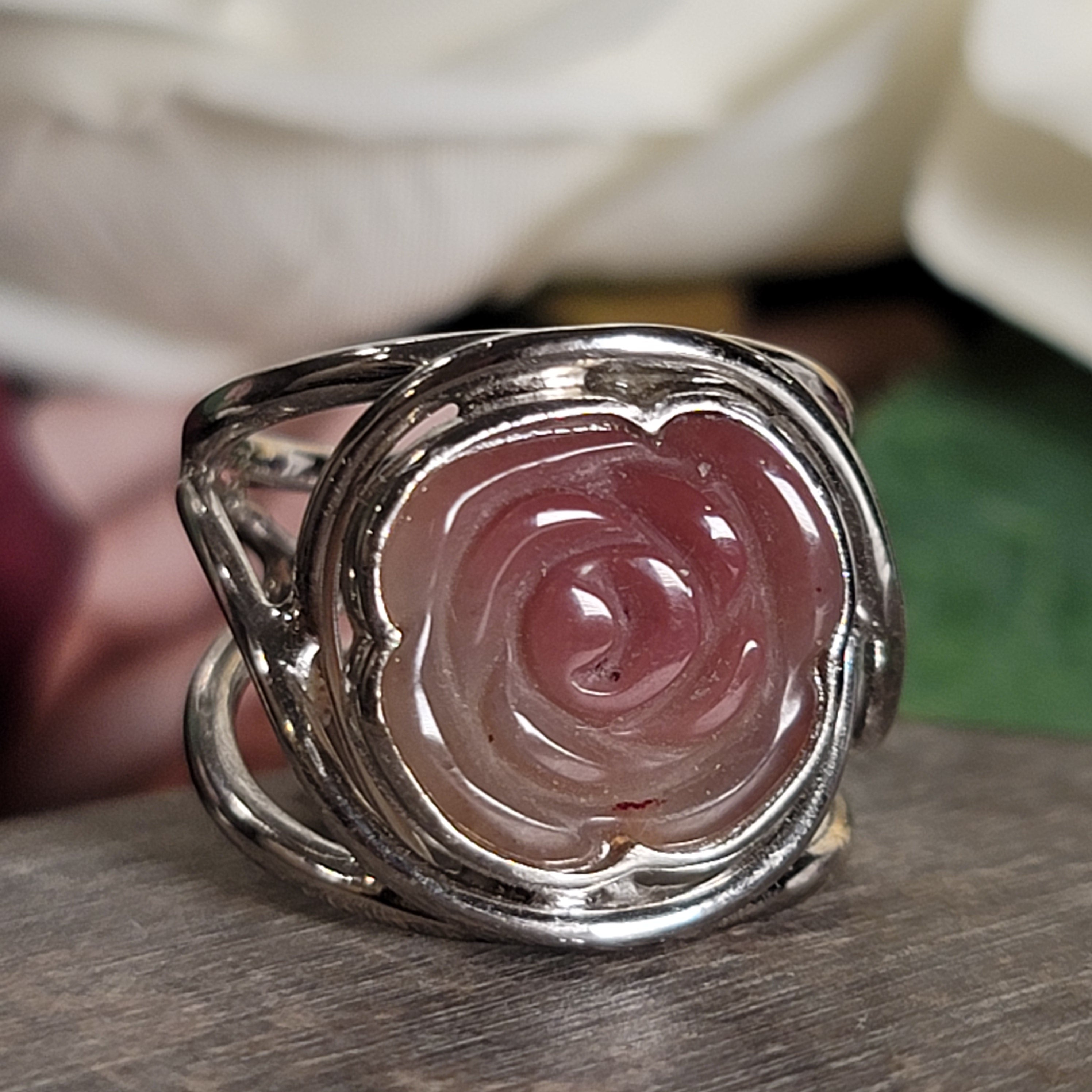 Yanyuan Agate Rose Cuff Ring .925 Sterling Silver for Achieving Goals, Confidence and Health