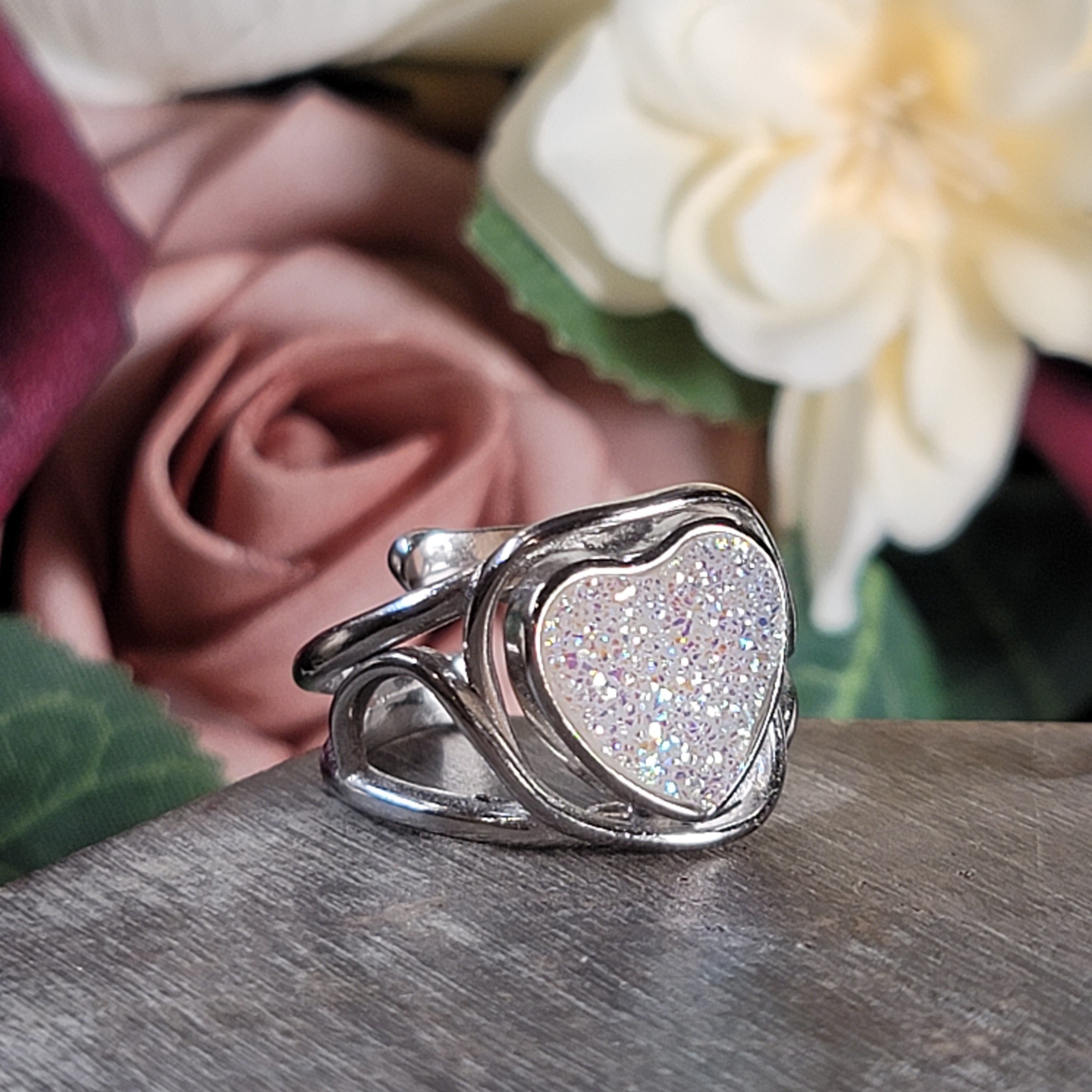 Angel Aura Druzy Quartz Heart Cuff Ring .925 Silver for Connection with Angels and Spirit Guides